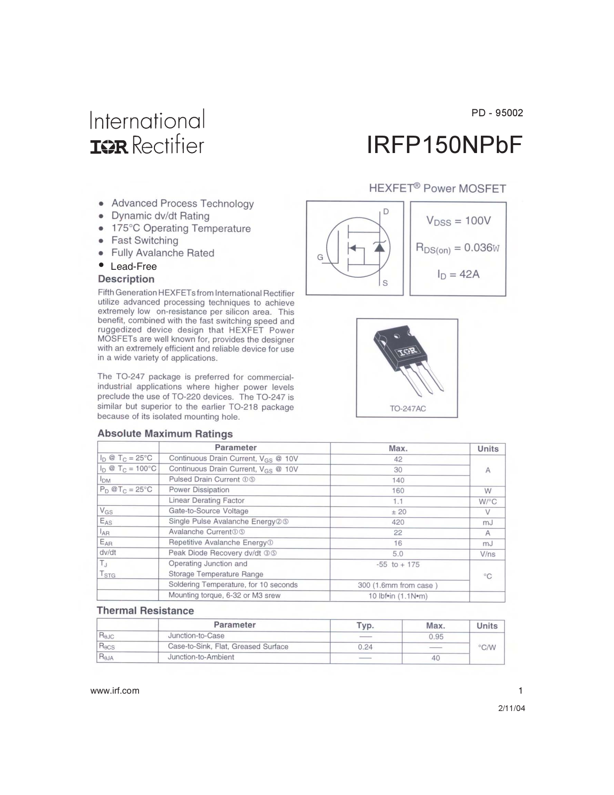 Datasheet IRFP 150NPBF Datasheet - ManualMachine.com
