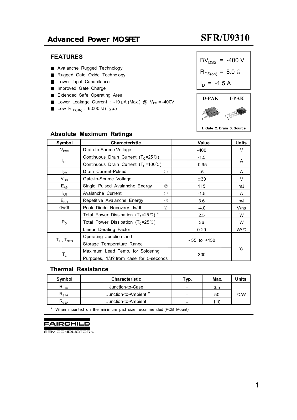 Fairchild Semiconductor SFR9310 Datasheet