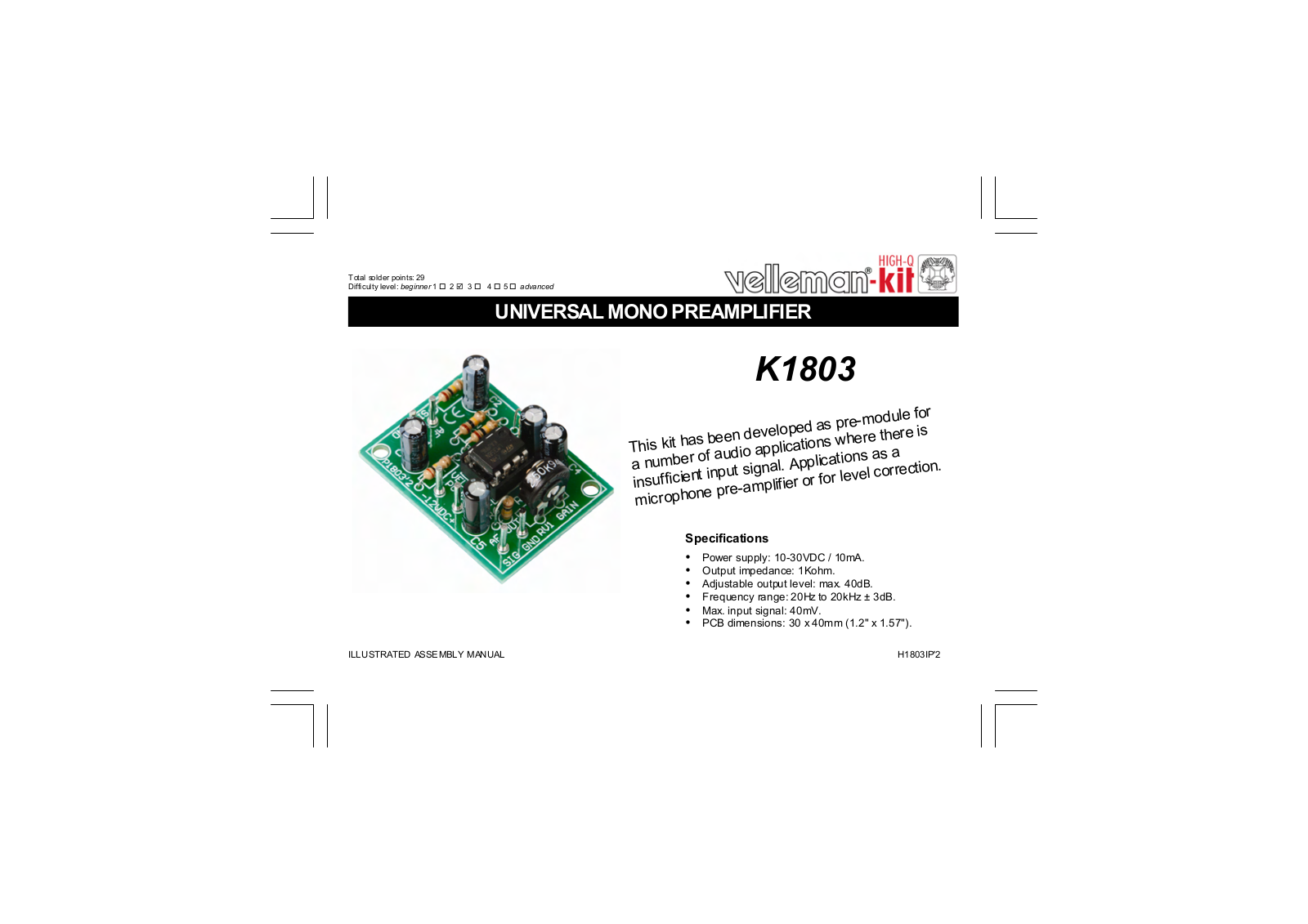 Velleman K1803 Assembly instructions