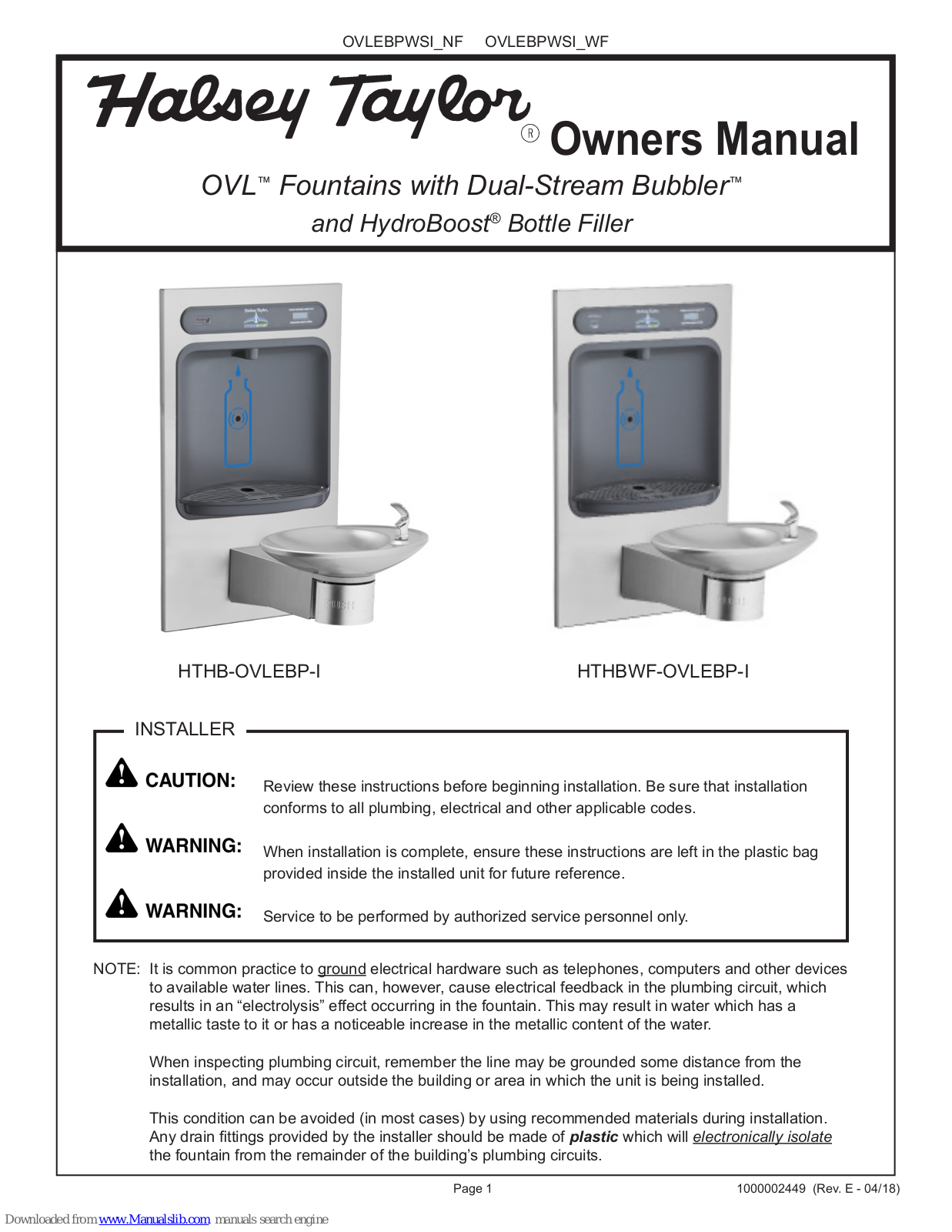 Halsey Taylor OVL, Dual-Stream Bubbler, HydroBoost, HTHB-OVLEBP-I, HTHBWF-OVLEBP-I Owner's Manual