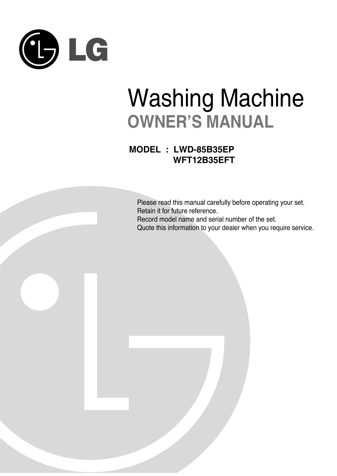 LG WFT85B35EFT Owner's Manual