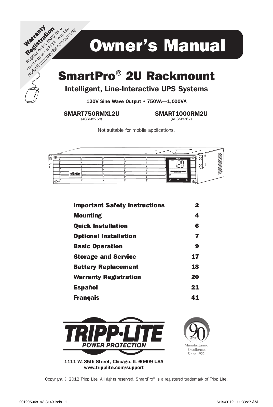 Tripp Lite SMART1000RM2U User Manual