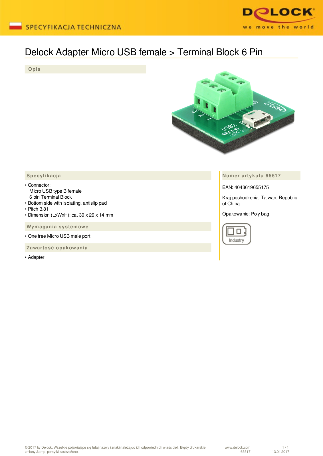 DeLOCK micro USB [socket] on 6-Pin-Terminalblock adapter User Manual