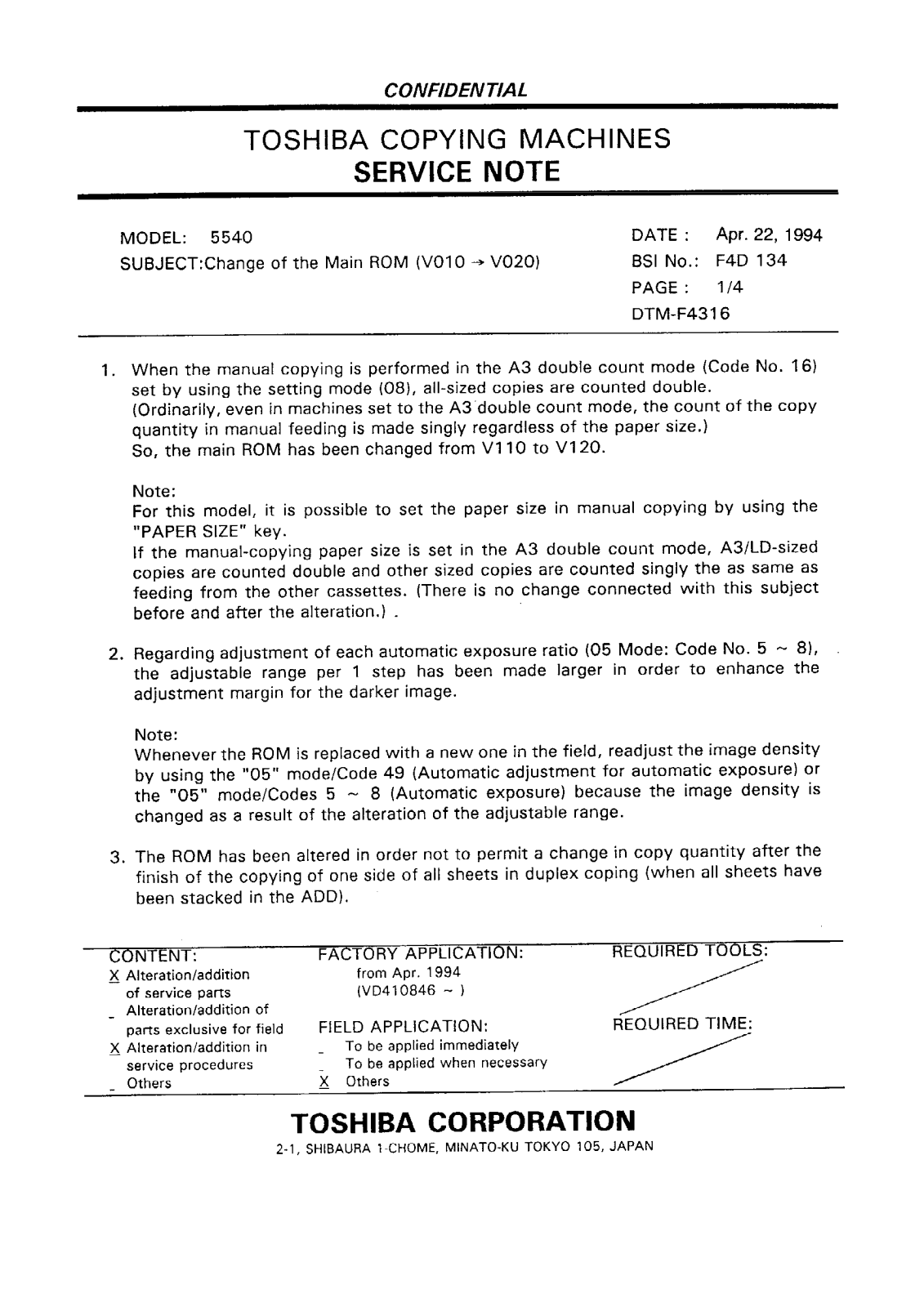 Toshiba f4d134 Service Note