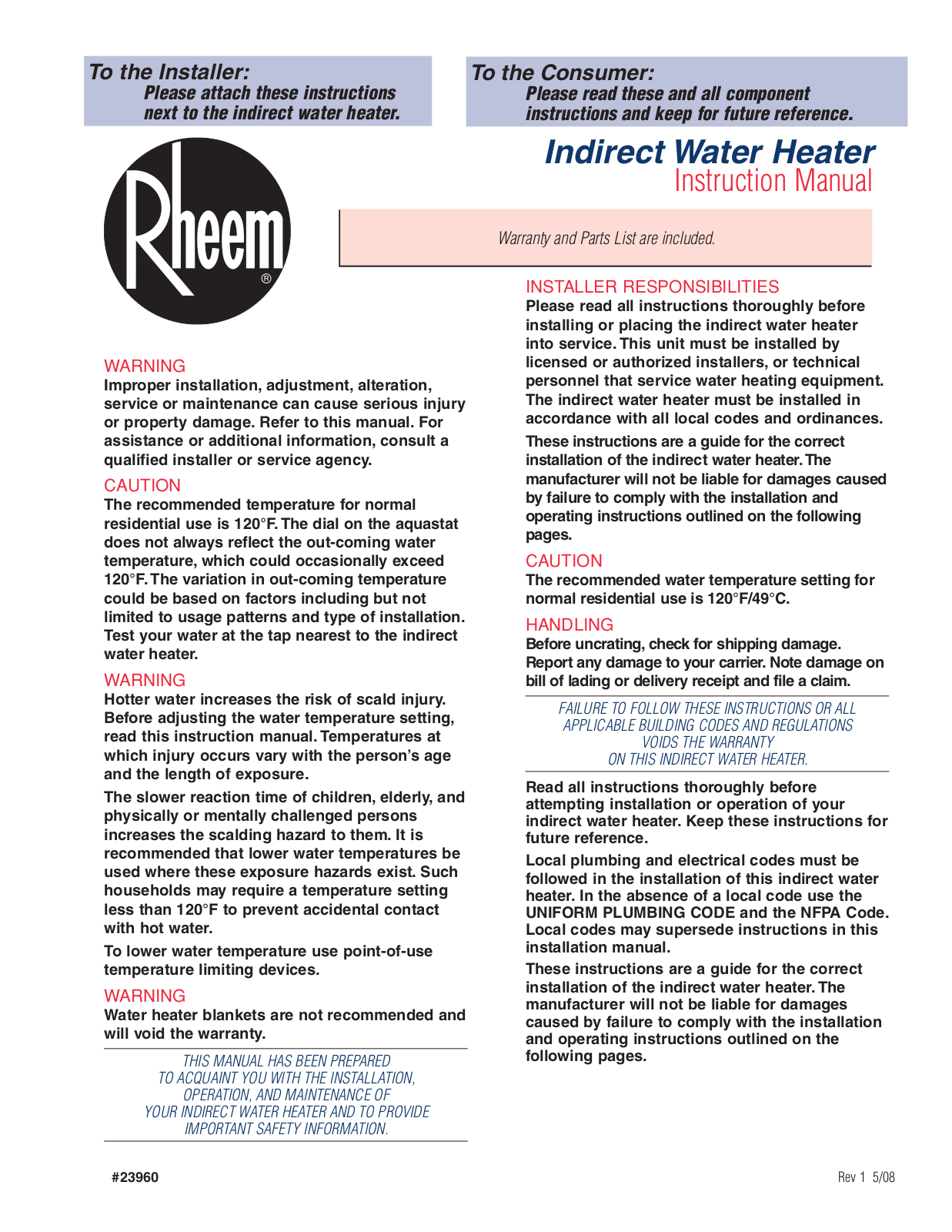 Rheem Indirect Water Heater Instruction Manual