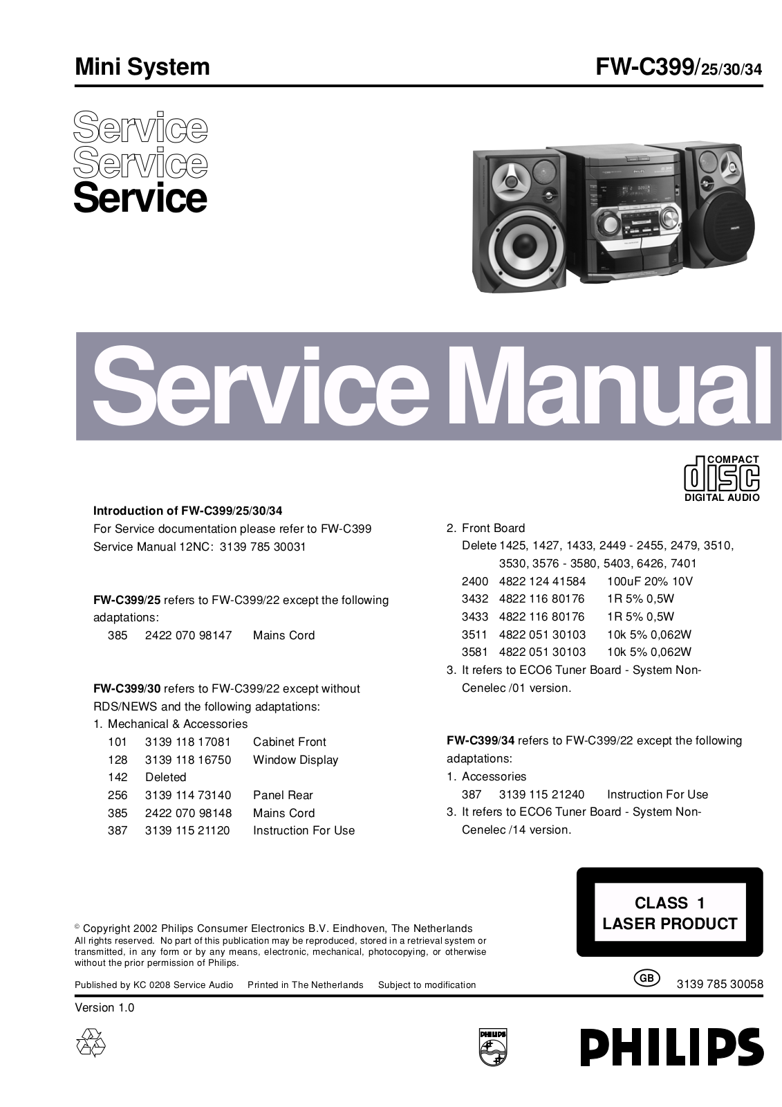 Philips FWC-399 Service manual