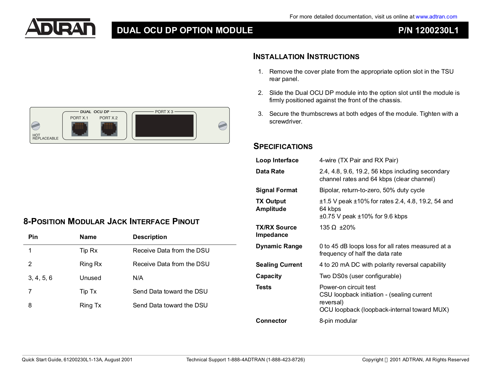 ADTRAN Dual OCU-DP Option Module INSTALLATION INSTRUCTIONS