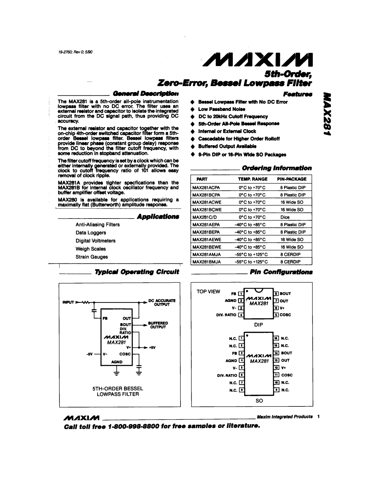 Maxim MAX281C-D, MAX281BMJA, MAX281BEWE, MAX281BEPA, MAX281BCWE Datasheet