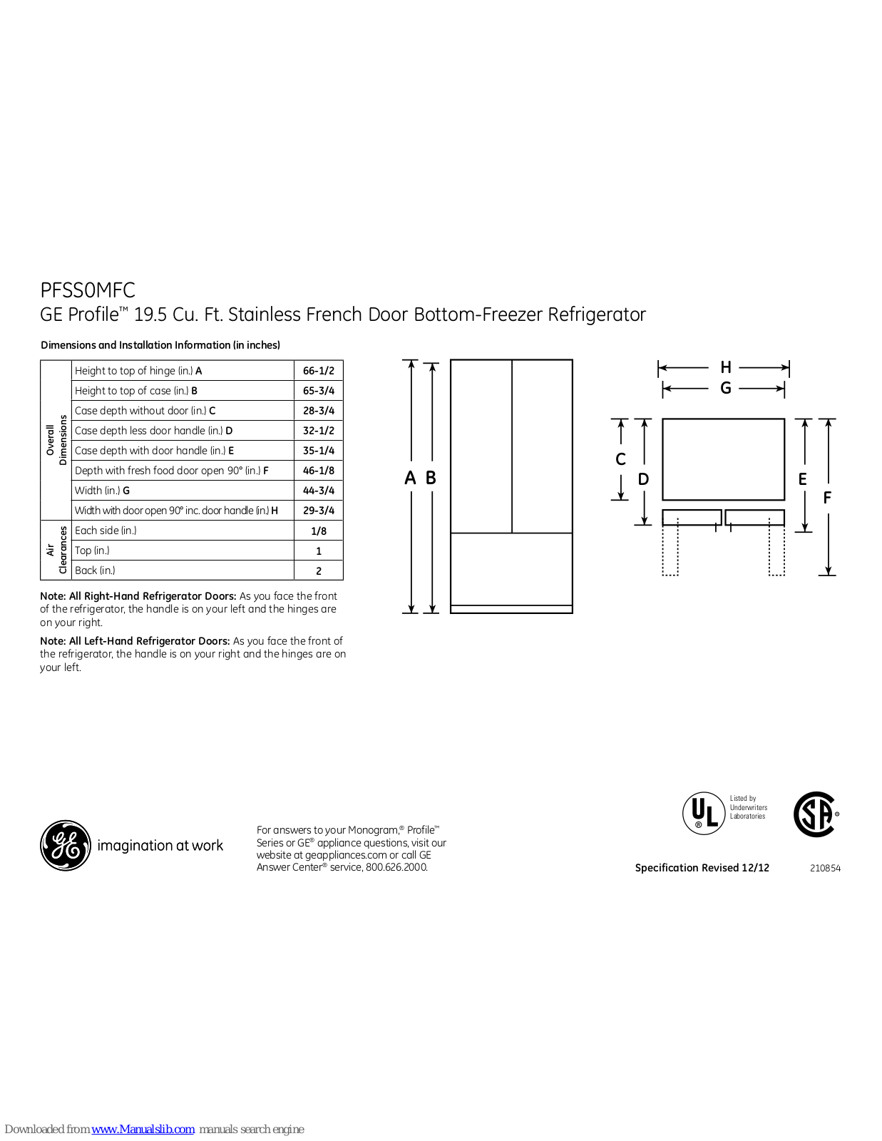 GE PFSS0MFCSS, Profile PFSS0MFC Dimensions And Installation Information