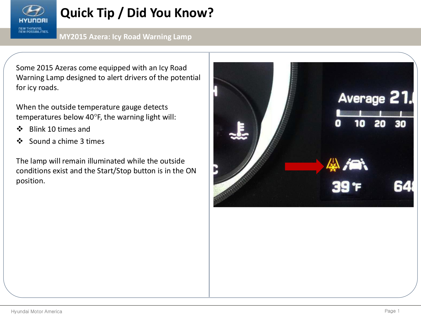 Hyundai Azera Icy Road Warning Lamp 2015 Owner's Manual