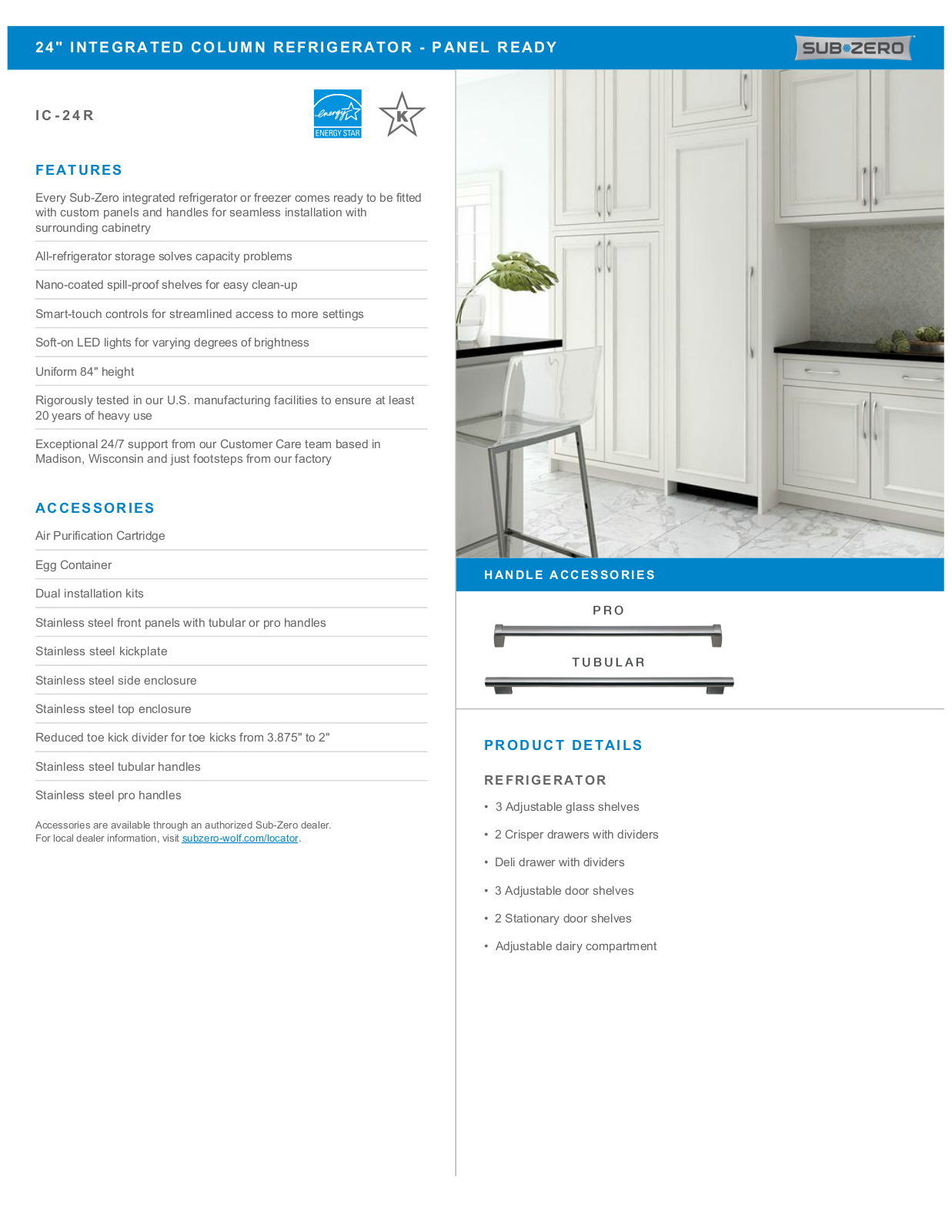 Sub-Zero IC24RRH, IC24RLH Specification Sheet