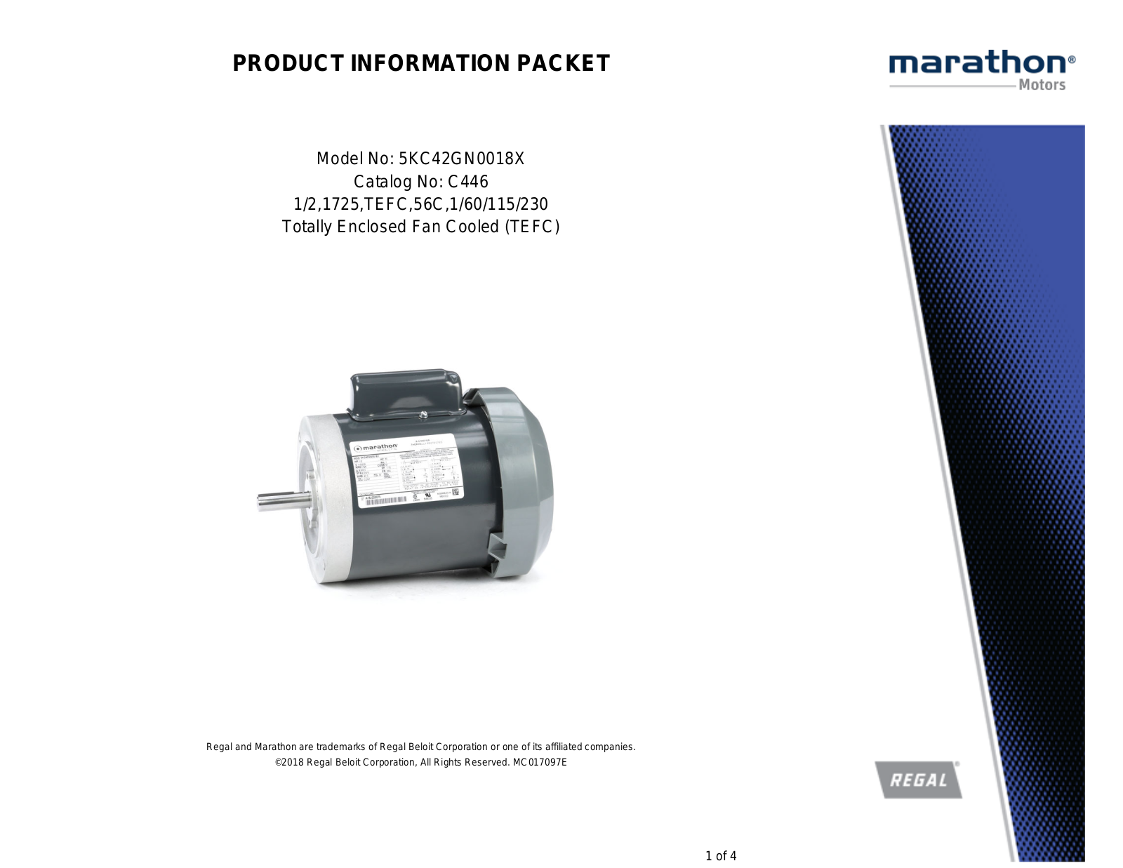 Marathon Electric 5KC42GN0018X Product Information Packet