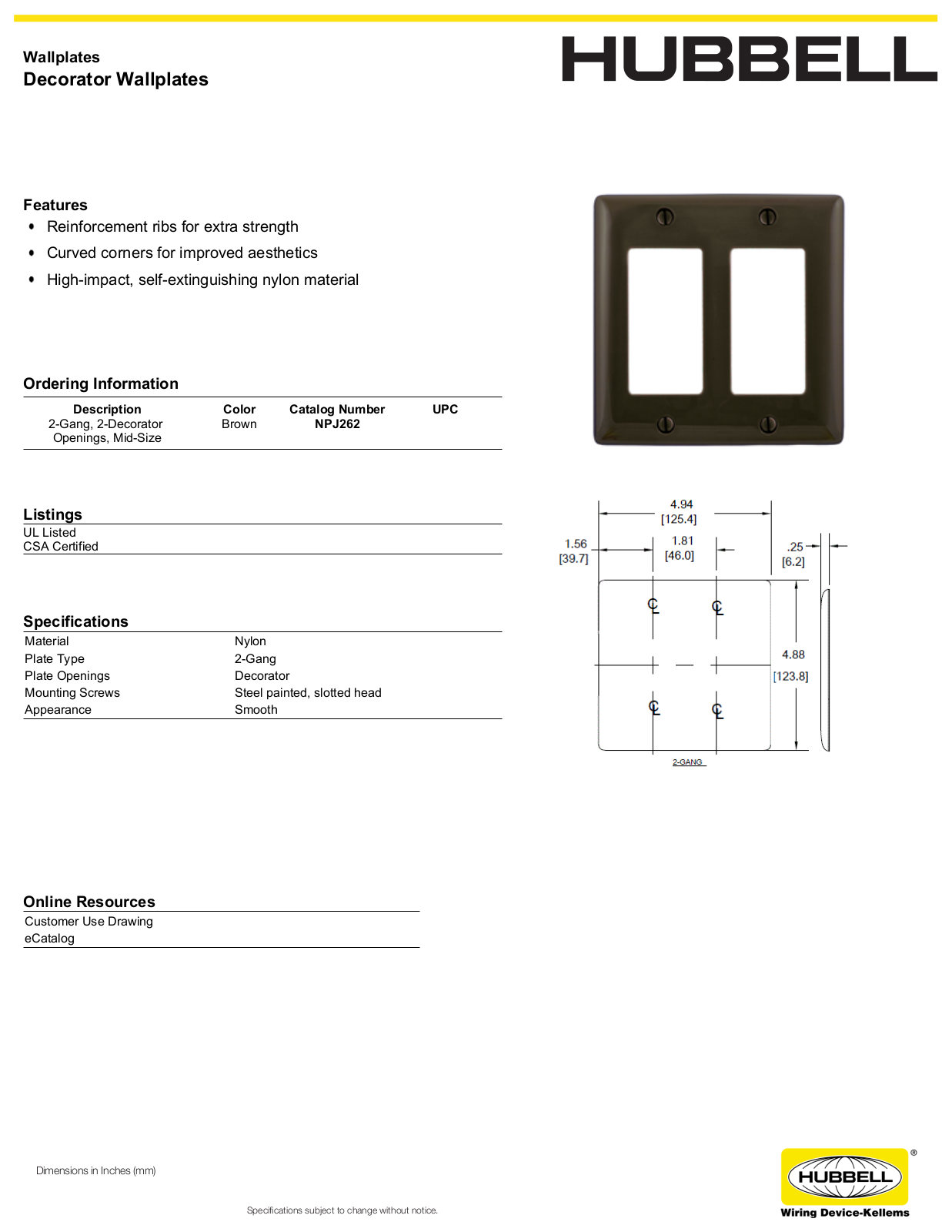 Hubbell NPJ262 Specifications