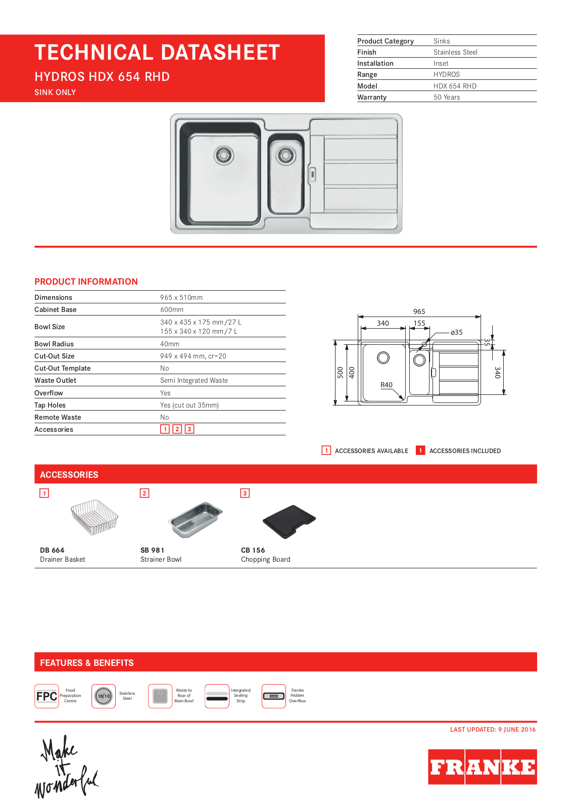 Franke HDX654RHD Datasheet