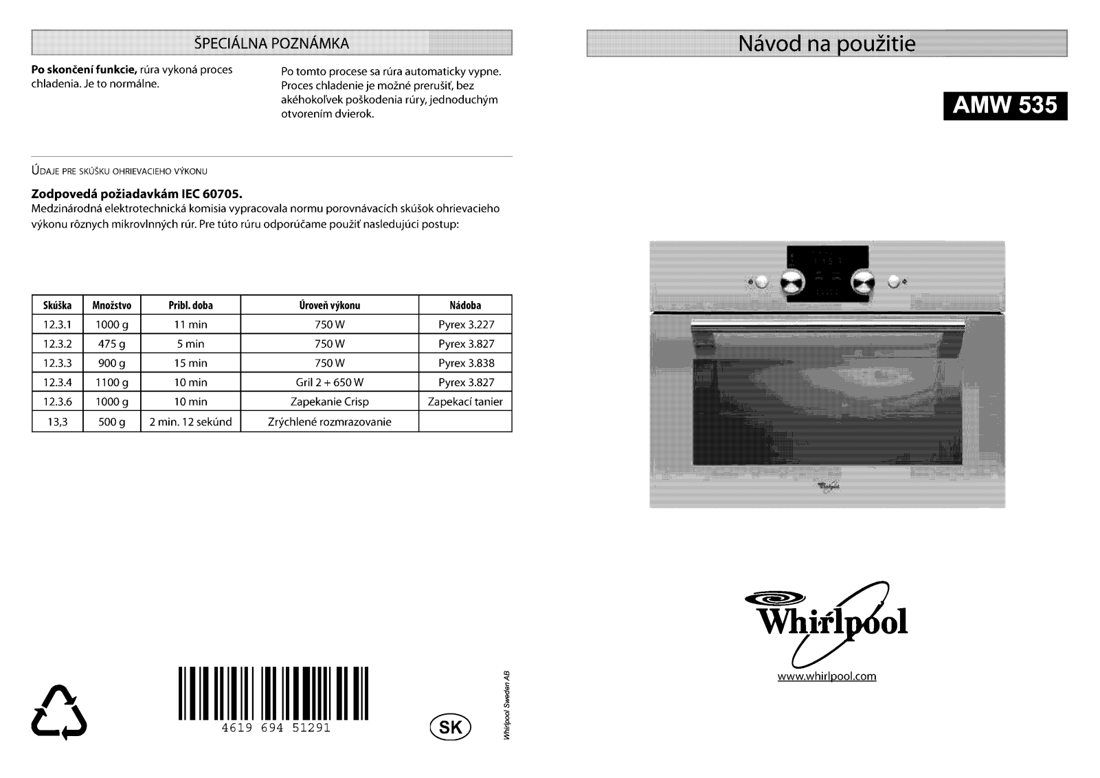 WHIRLPOOL AMW 535 IX User Manual