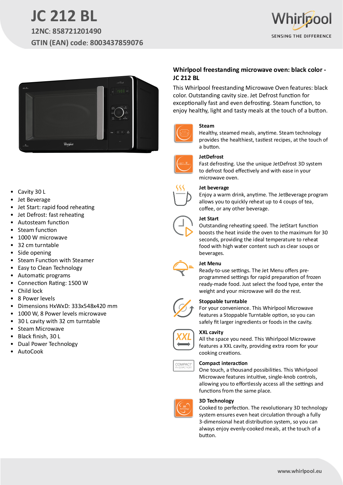 Whirlpool JC 212 BL Product information