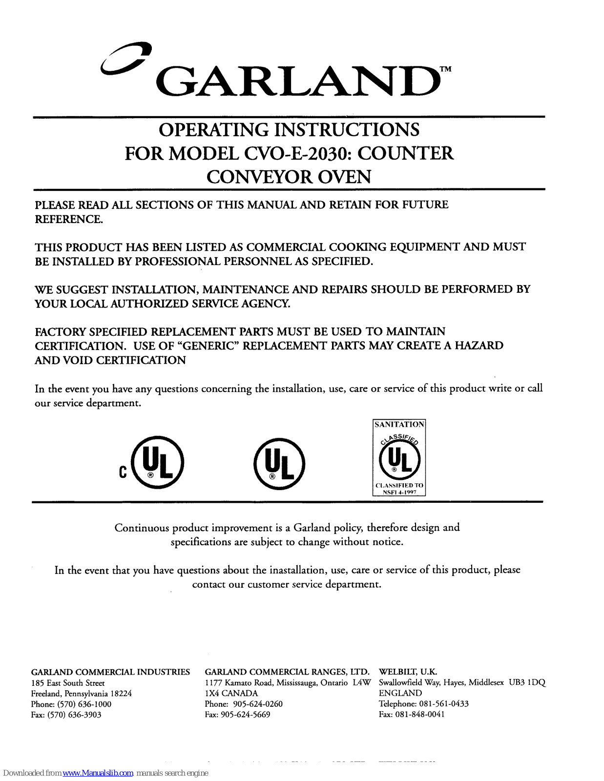 Garland CVO-E-2030 Operating Instructions Manual