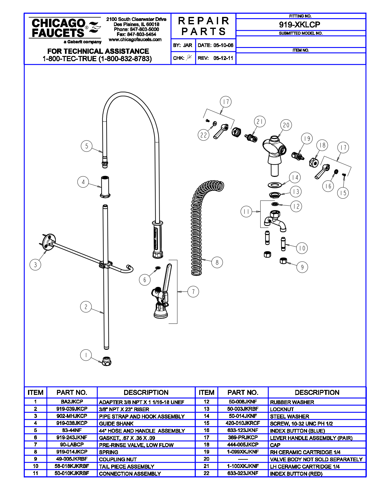 Chicago Faucet 919-XKLCP Parts List