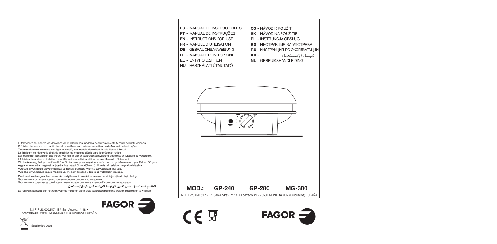 Fagor GP-240, GP-280, MG-300 Instructions Manual