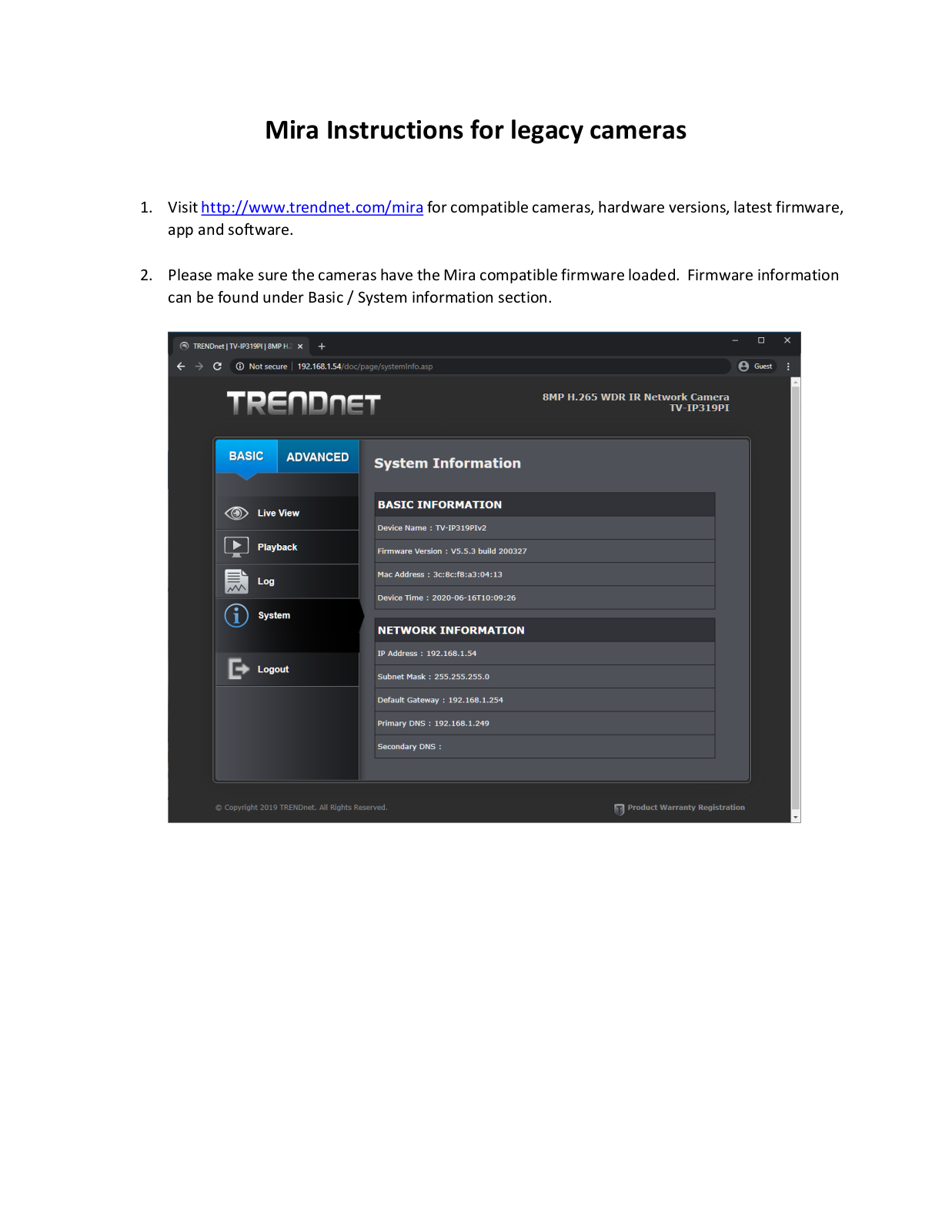 Trendnet Mira Instructions for legacy cameras
