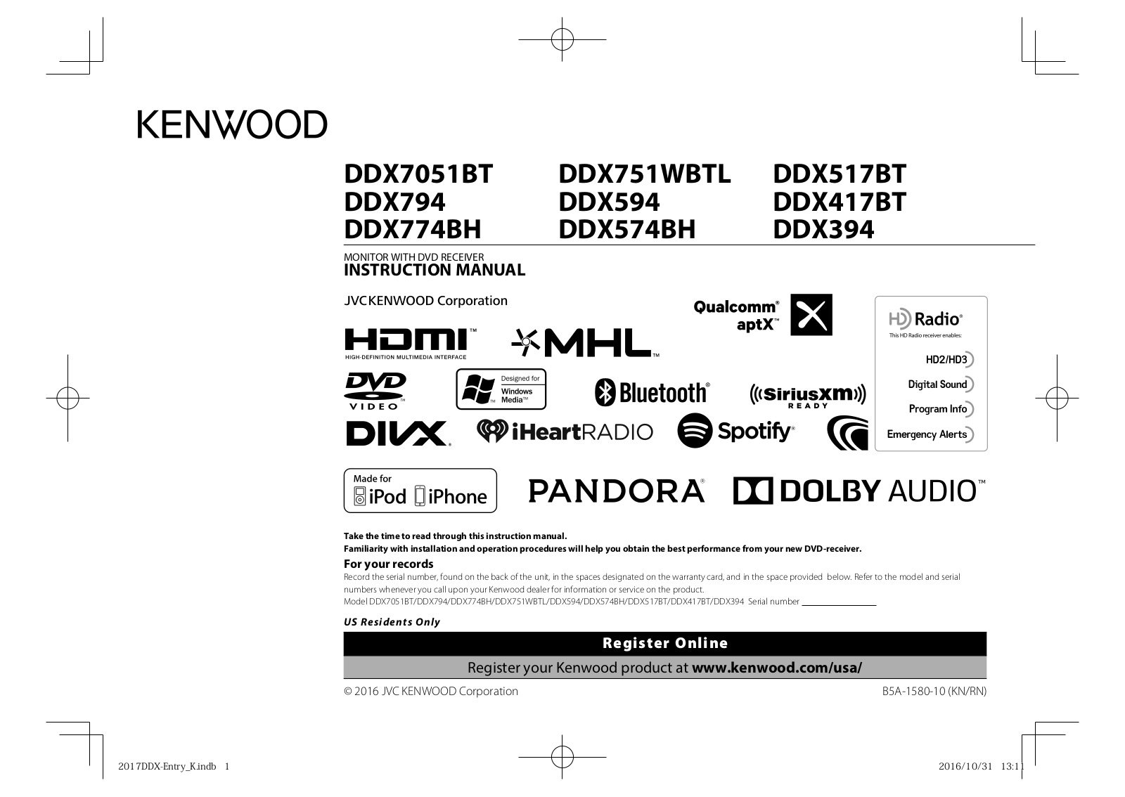 Kenwood DDX7051BT, DDX794, DDX594, DDX517BT, DDX574BH Instruction Manual