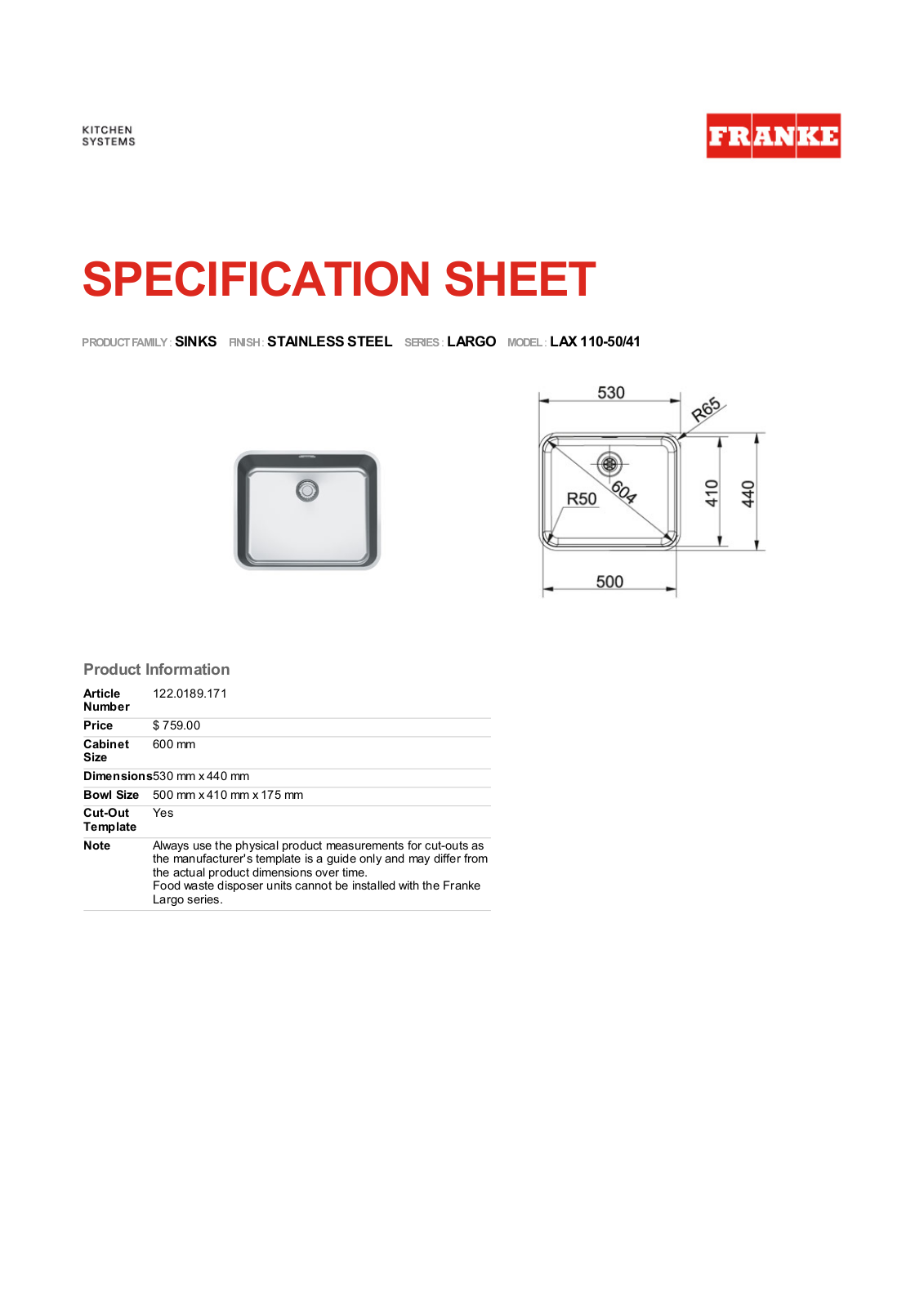 Franke Foodservice LAX 110-41 User Manual