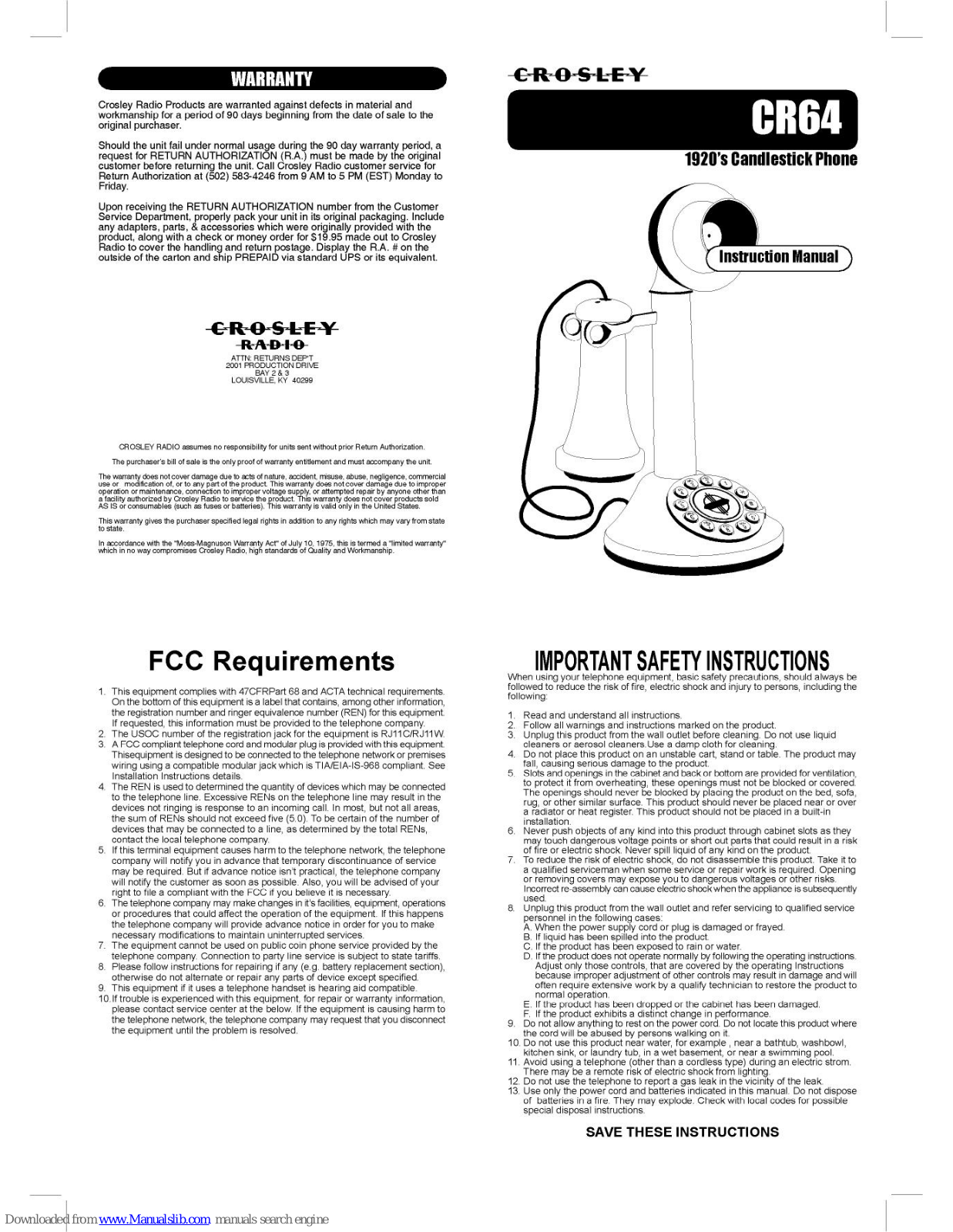 Crosley CR64, CE3878VRA, CE3878VRV, CE3878VRW, 11-120u Instruction Manual