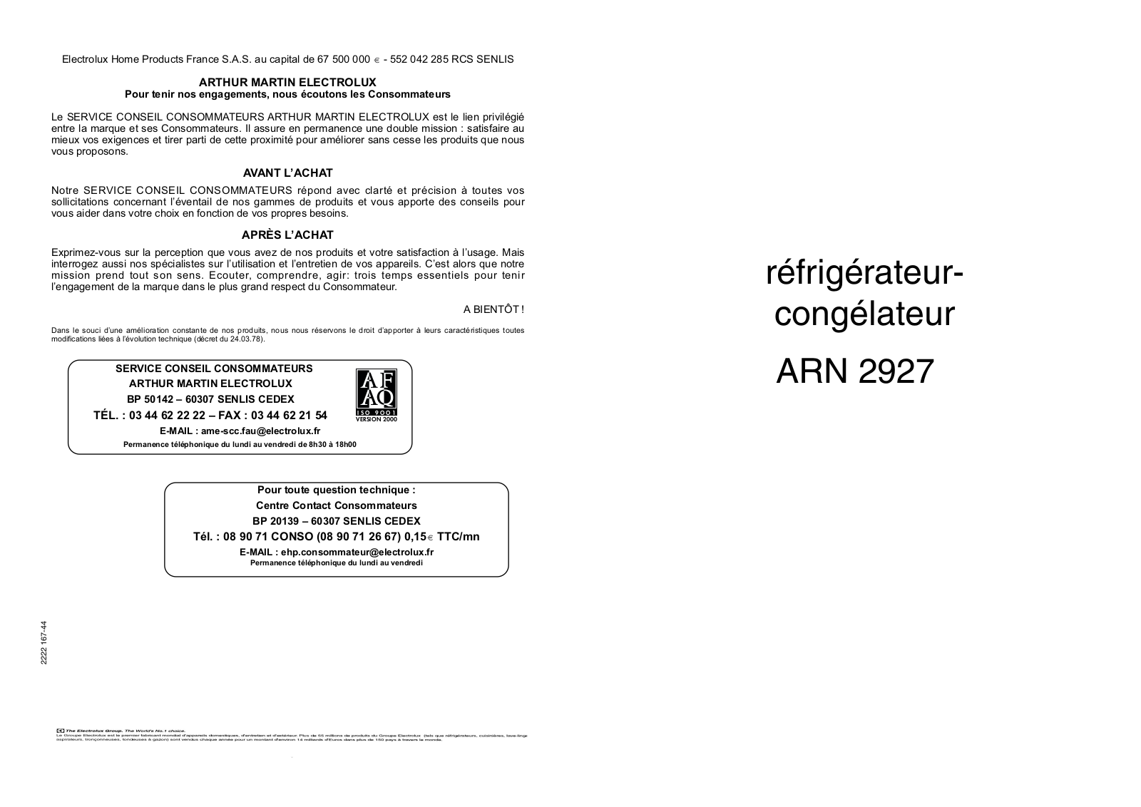 ARTHUR MARTIN ARN 2927 User Manual