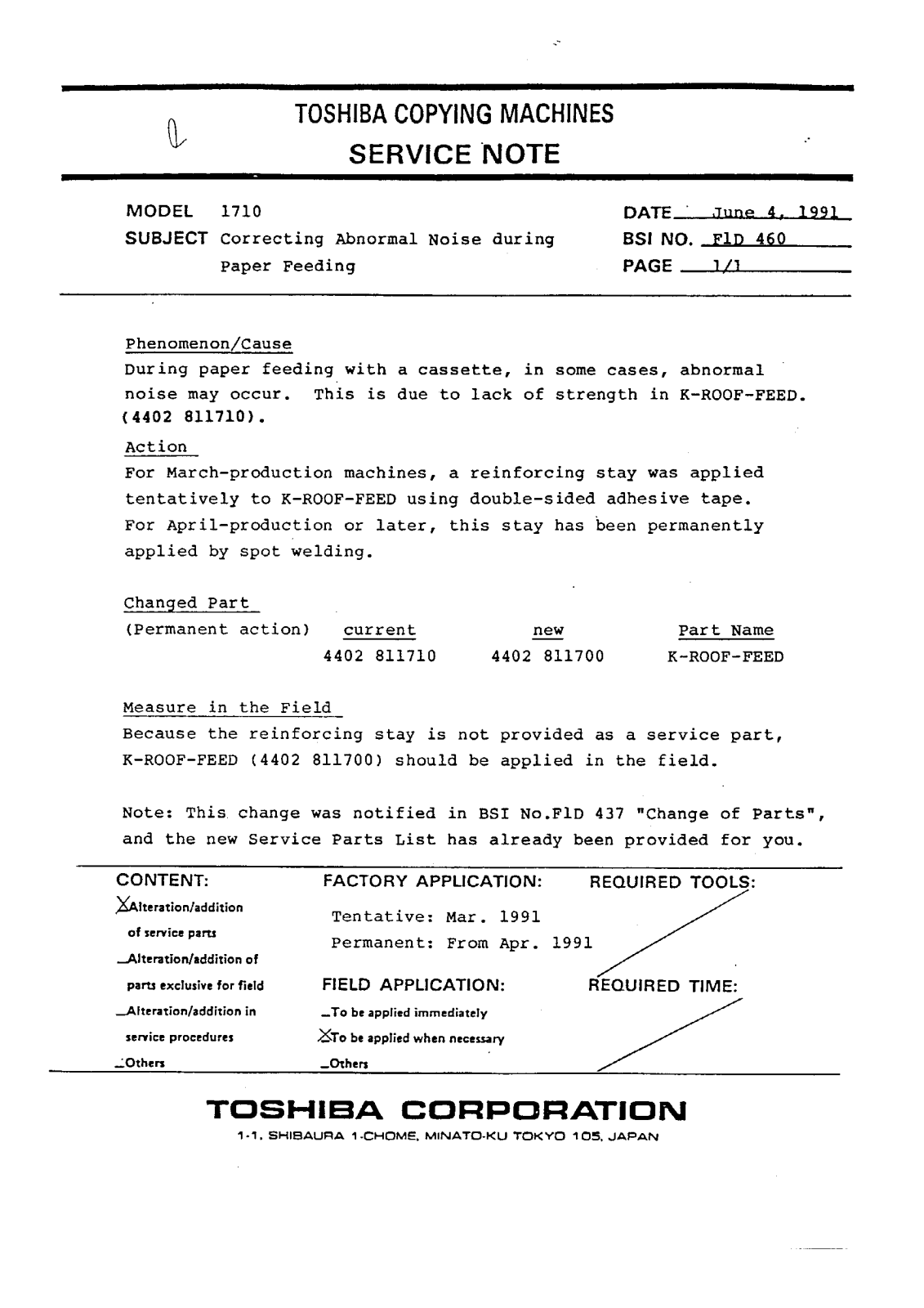 Toshiba f1d460 Service Note