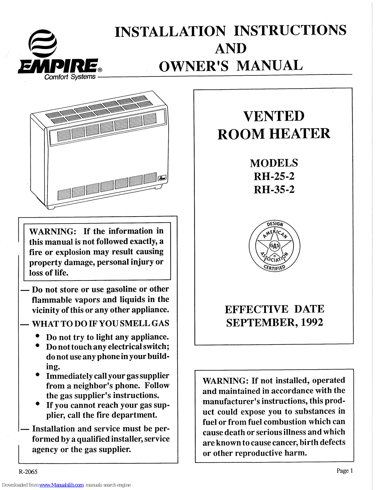 Empire RH-25-2, RH-35-2 Installation Instructions And Owner's Manual