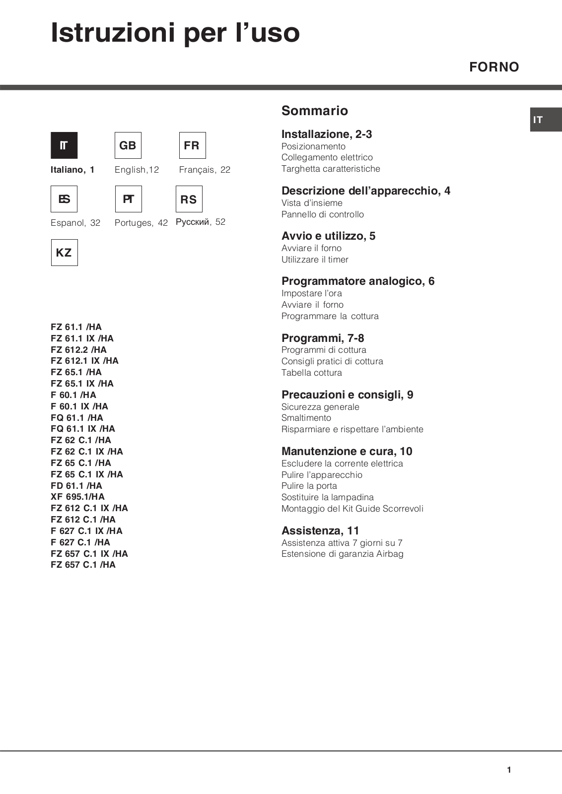 ARISTON FZ 61.1 -HA, FZ 61.1 IX -HA, FZ 612.2 -HA, FZ 612.1 IX -HA, FZ 65.1 -HA User Manual