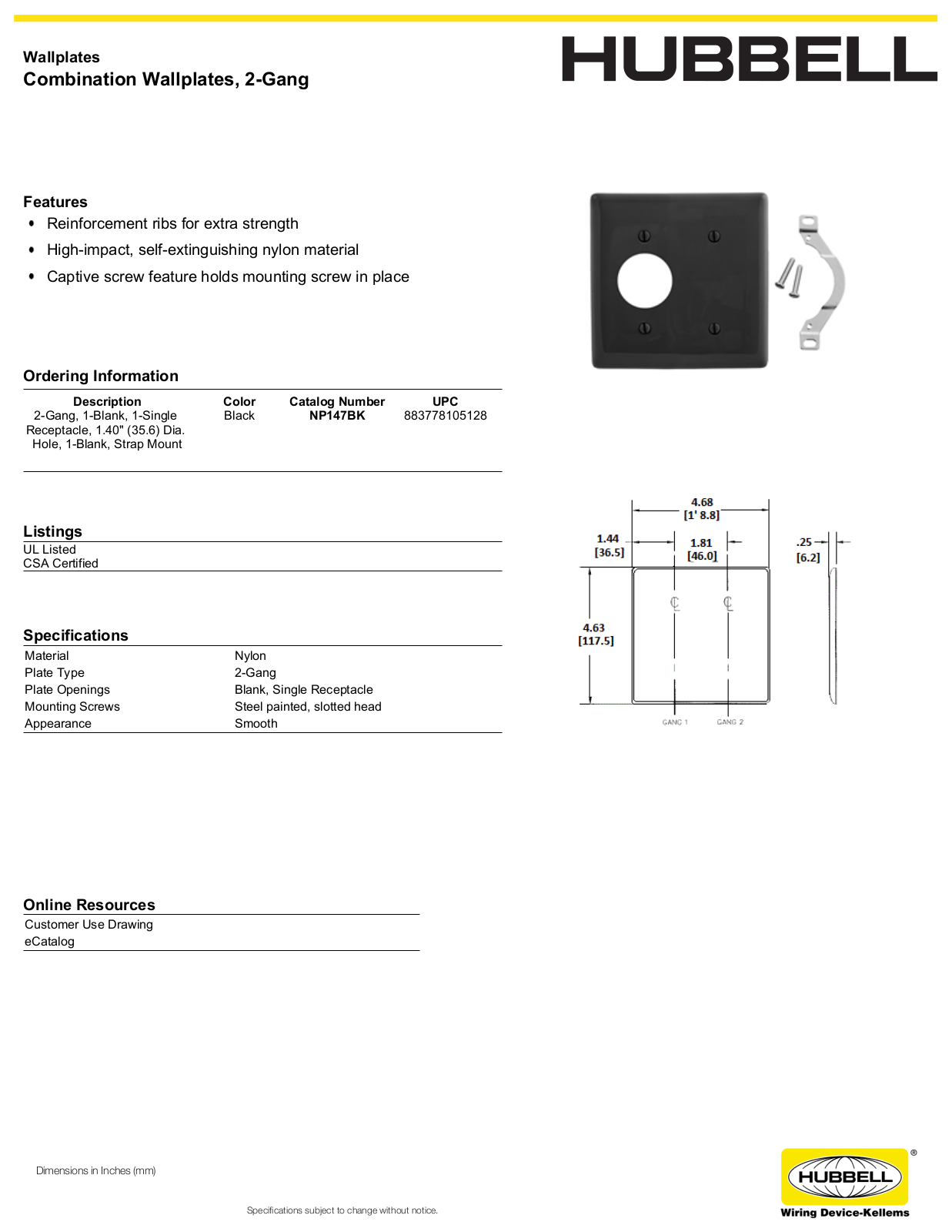 Hubbell NP147BK Specifications