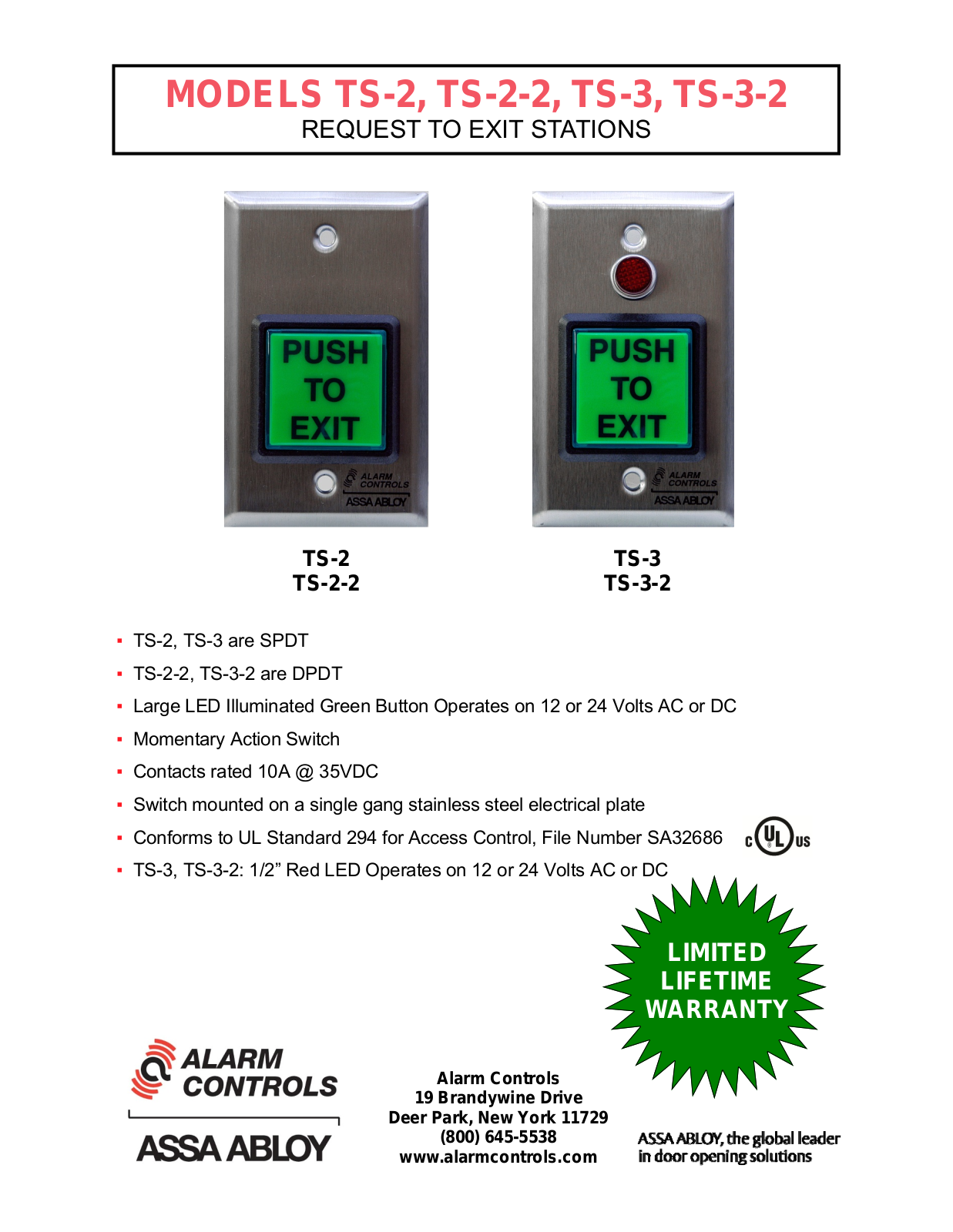 Alarm Controls TS-2 Specsheet