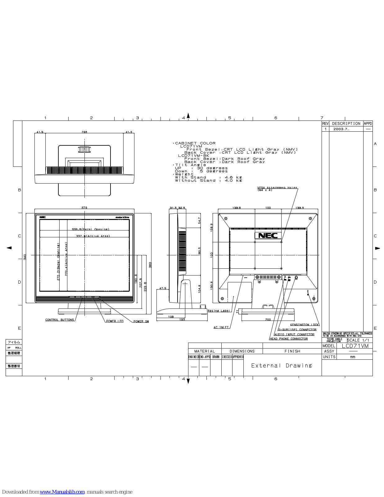 NEC AccuSync LCD71VM, ASLCD71VM-BK Specifications - ManualMachine.com