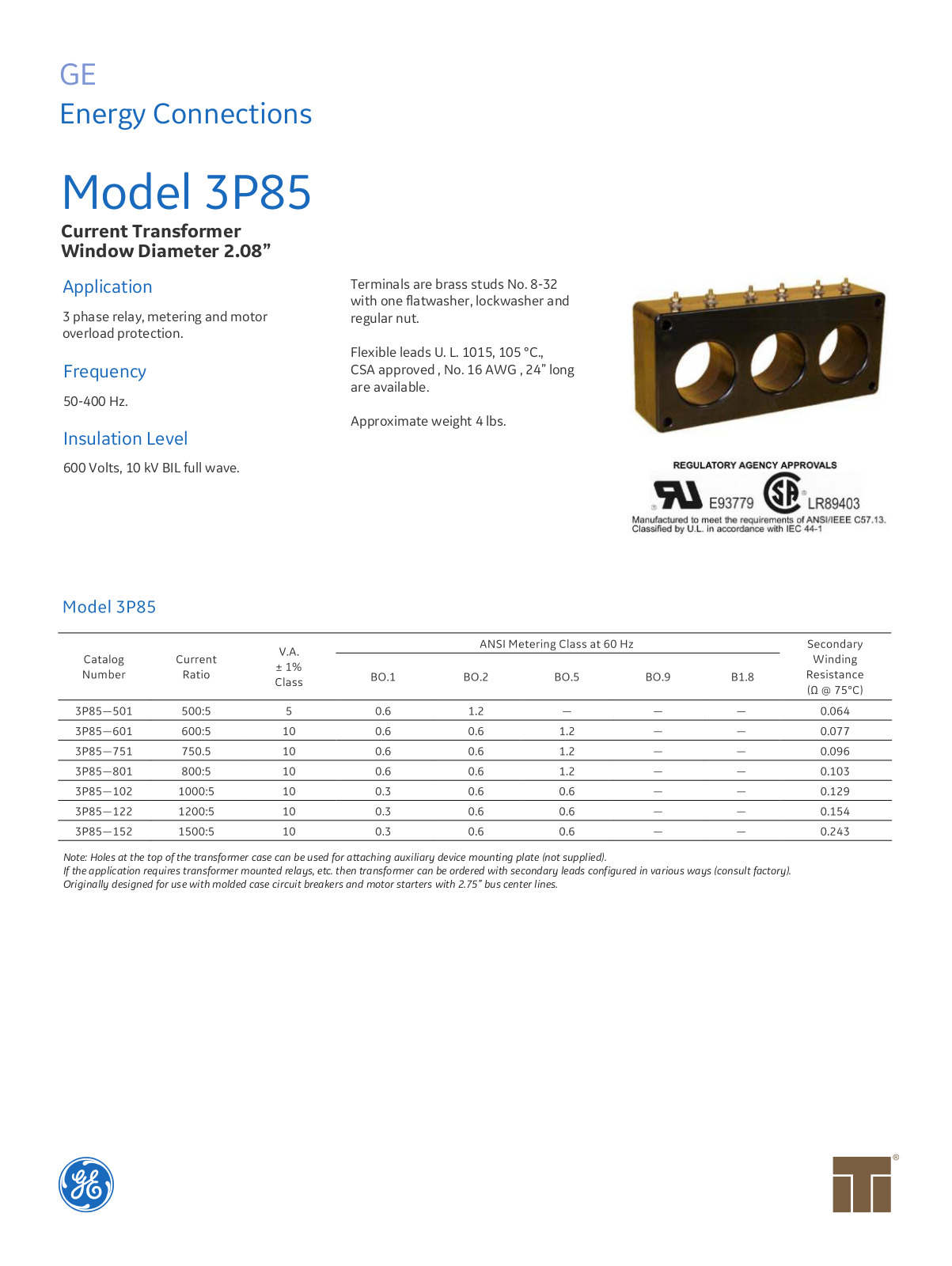 Instrument Transformer, Div of GE 3P85 Data Sheet - ManualMachine.com