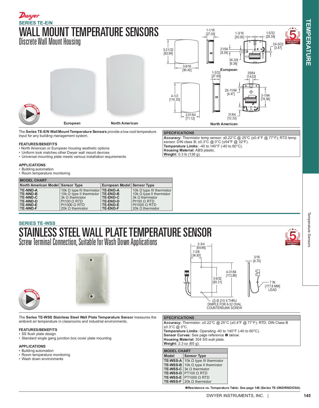 Dwyer Instruments SERIES TE-WSS Catalog Page