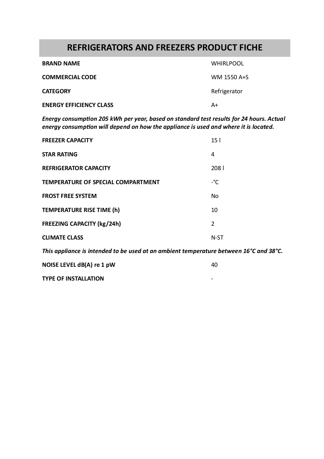 Whirlpool WM 1550 A S, ARG 318/A, PLC105A-U Product Sheet