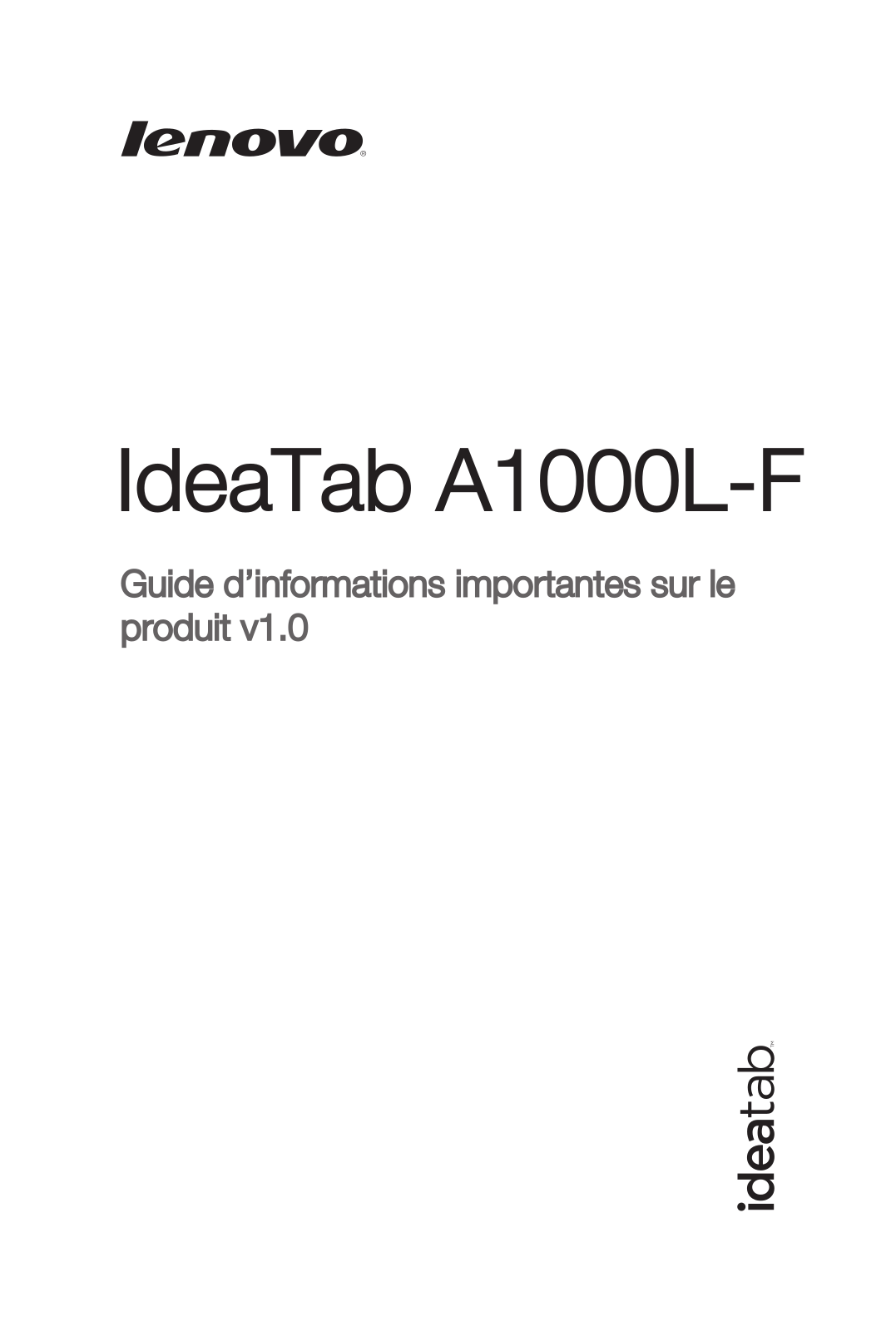 Lenovo IdeaTab A1000L-F Important Product Information Guide