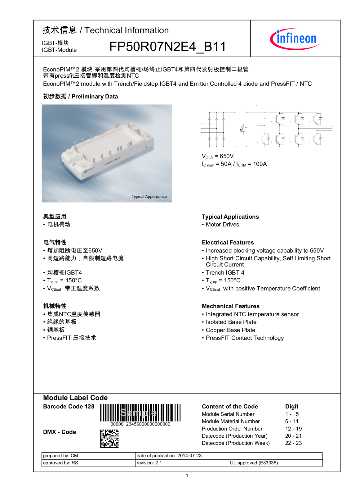 Infineon FP50R07N2E4-B11 Data Sheet