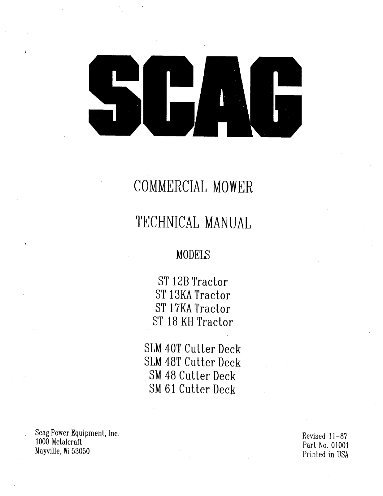 Scag Power Equipment ST 12B Tractor, ST 12B, ST 18KH Tractor, ST 13K Tractor, ST 17KA Tractor User Manual