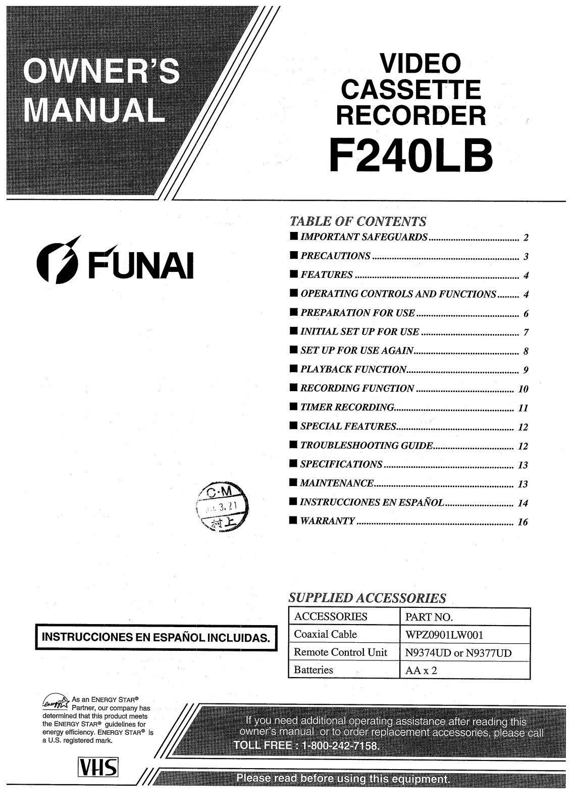 FUNAI F240LB User Manual