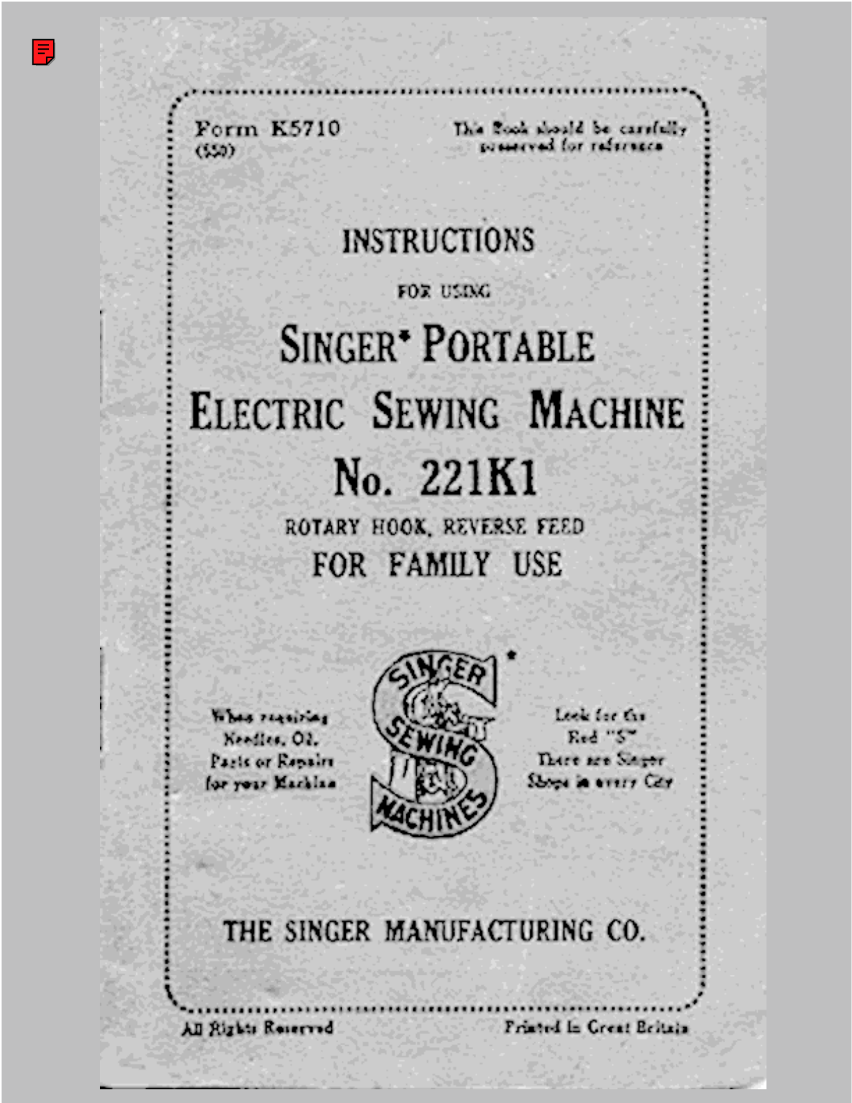 Singer 221 Instruction Manual