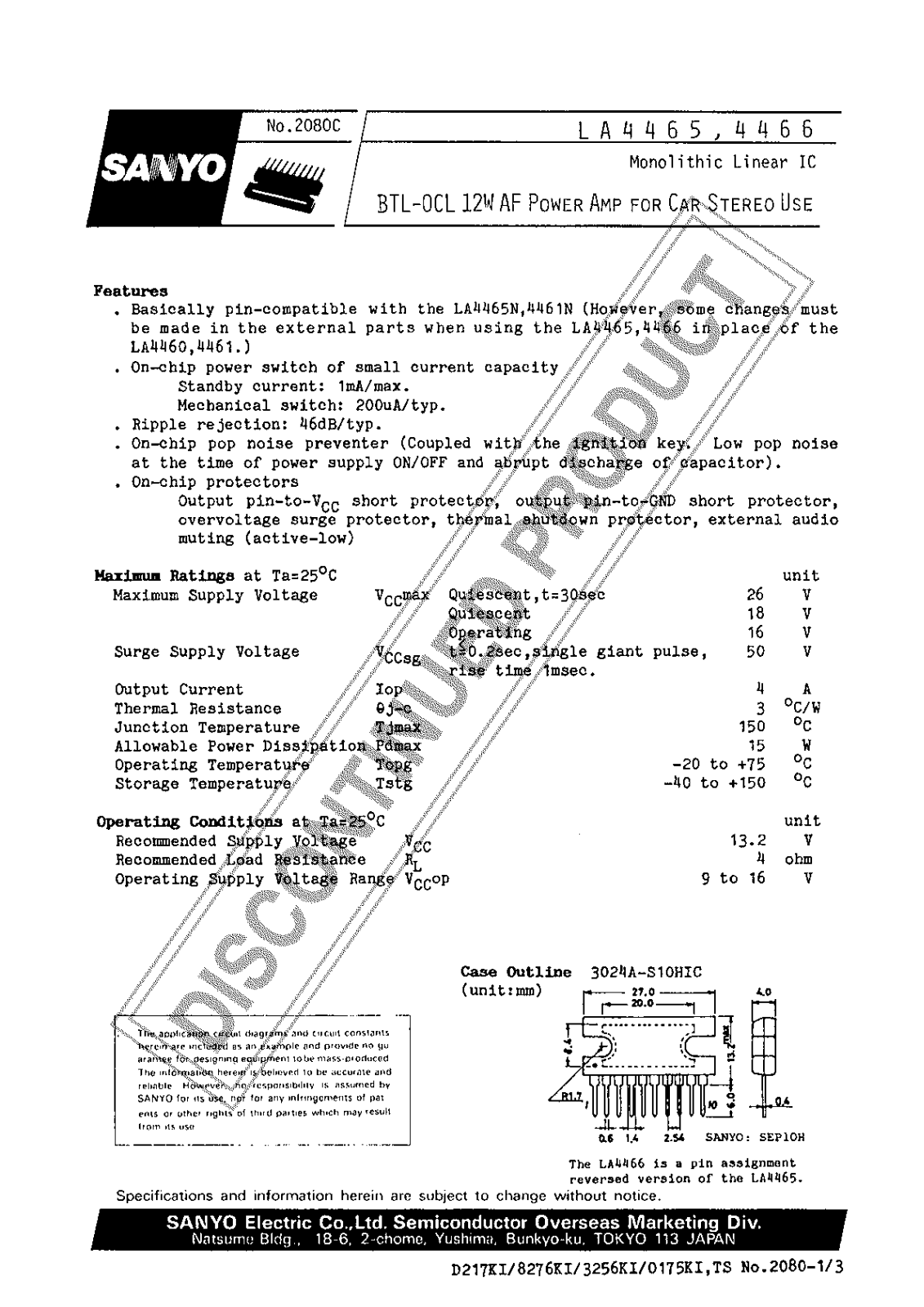 SANYO LA4465, LA4466 Datasheet