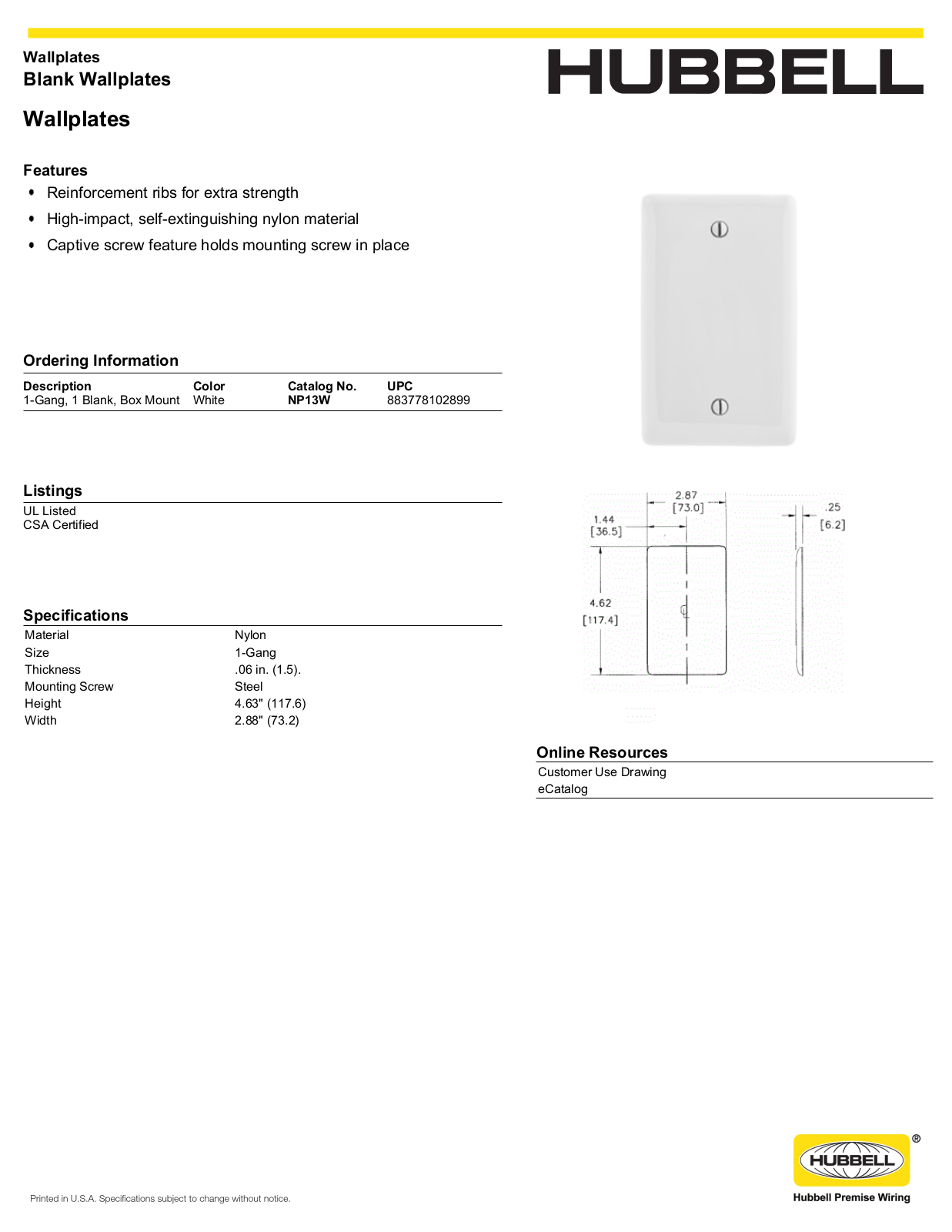 Hubbell NP13W Specifications