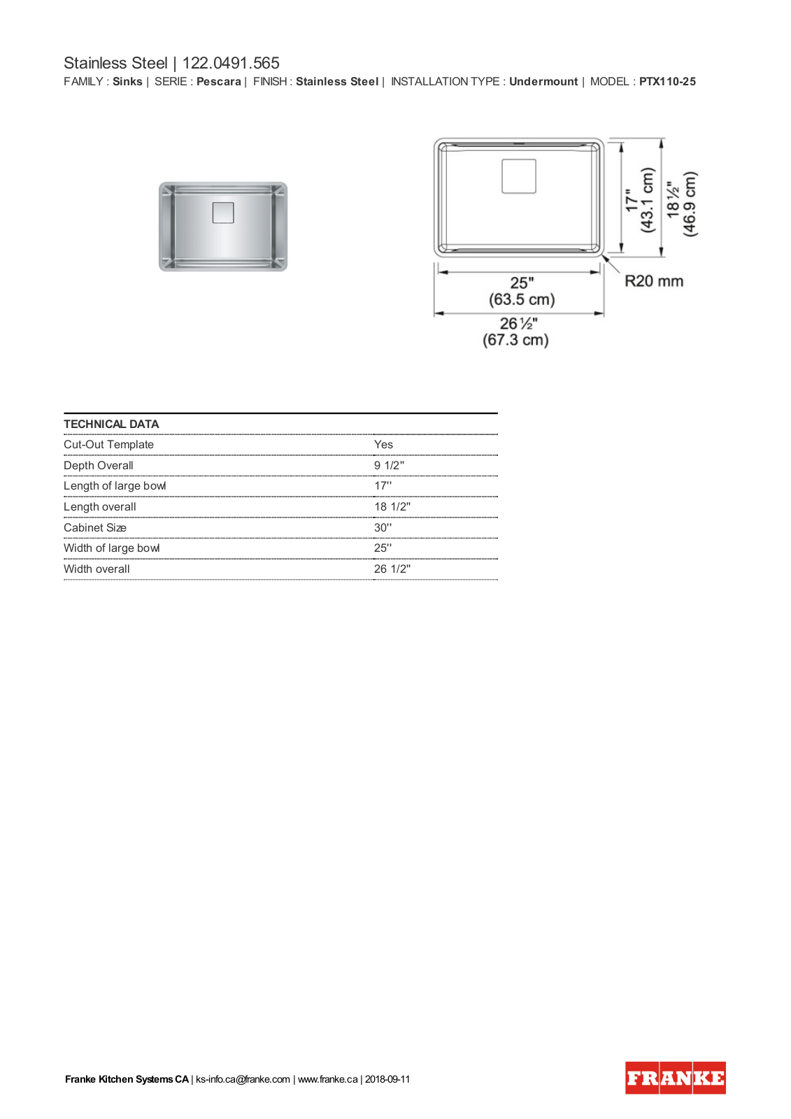 Franke PTX110-25 Specification Sheet