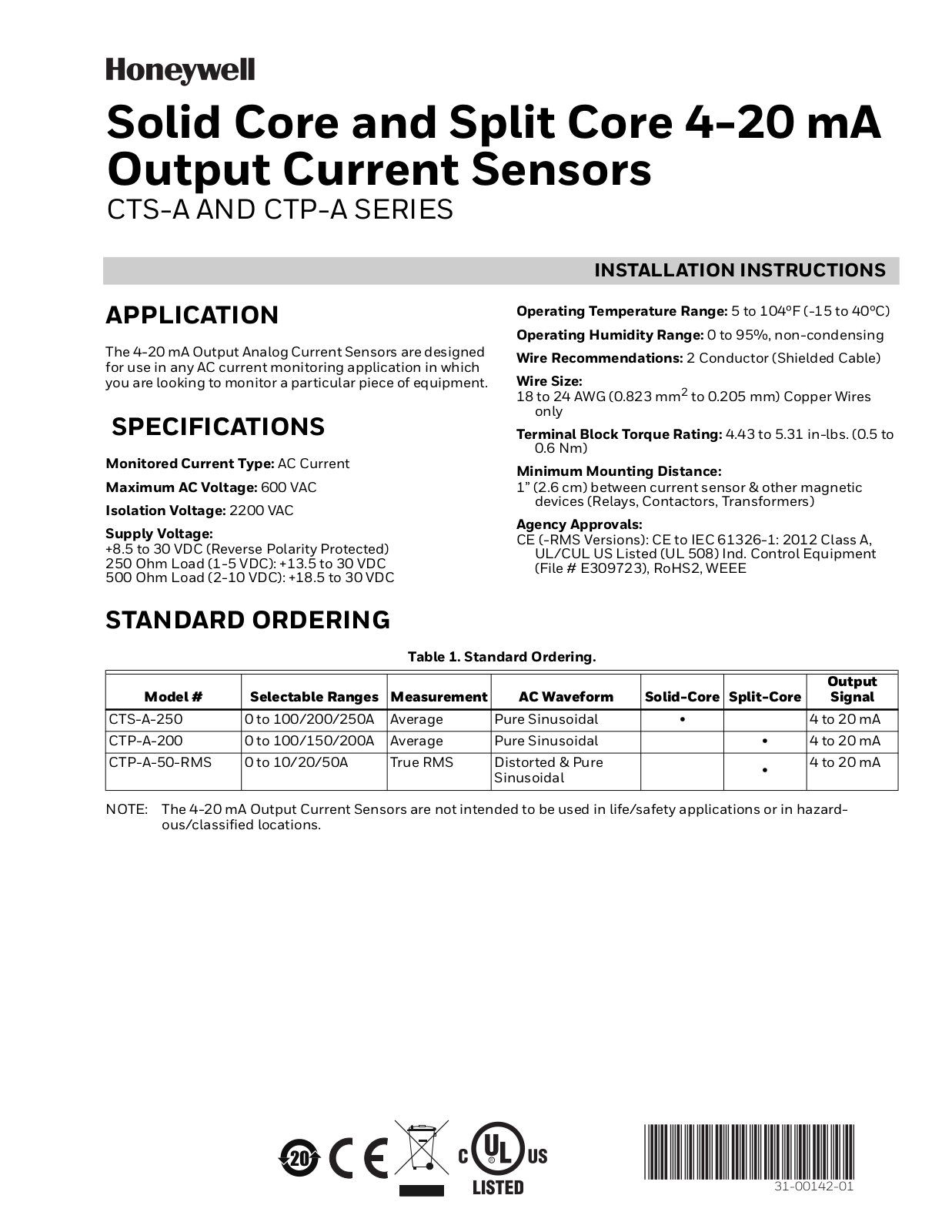 Honeywell CTS-A  SERIES, CTP-A SERIES Installation Instructions