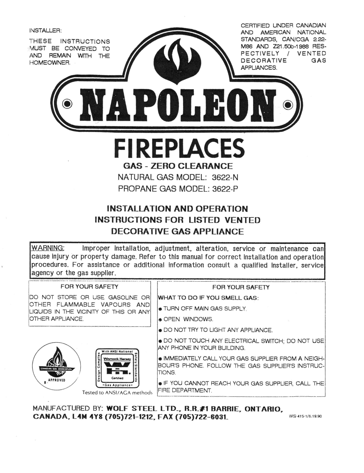 Napoleon 3622-N, 3622-P Installation And Operation Instructions Manual