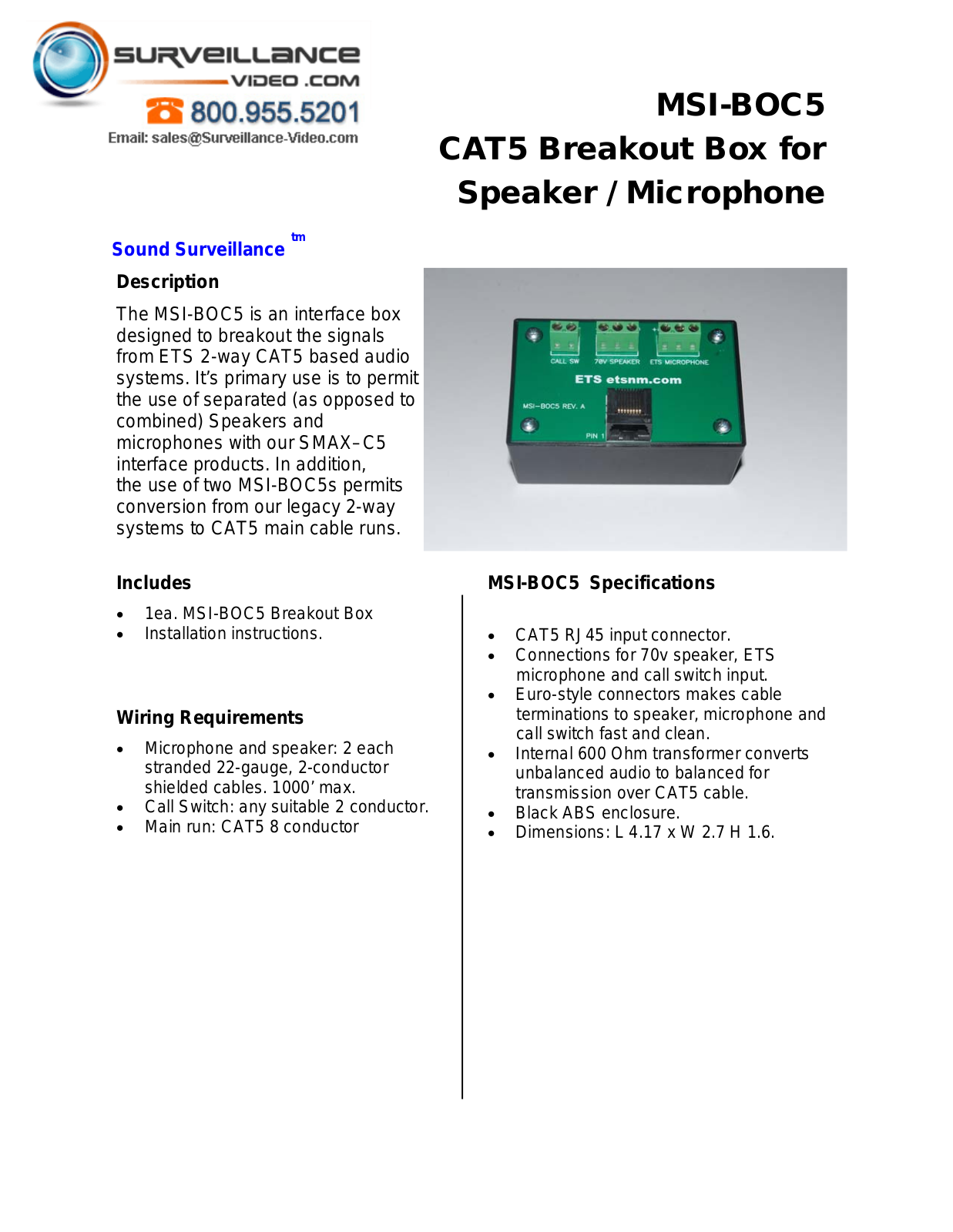 ETS MSI-BOC5 Specsheet