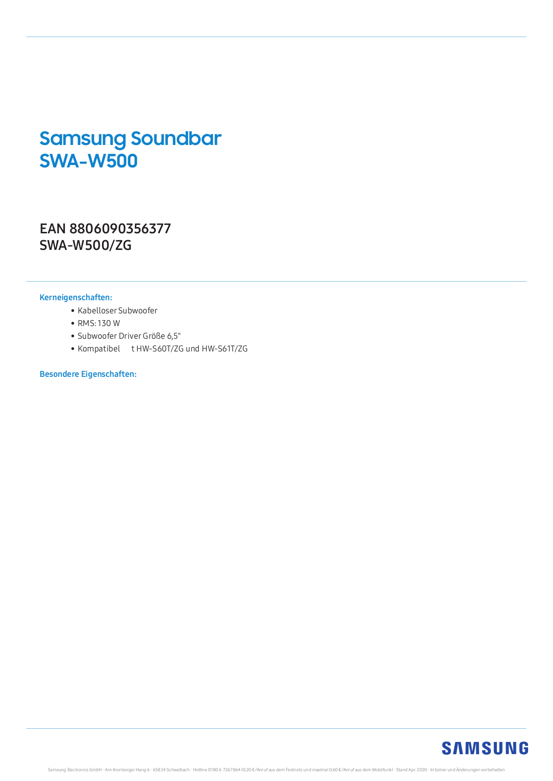 Samsung SWA-W500 Technical data