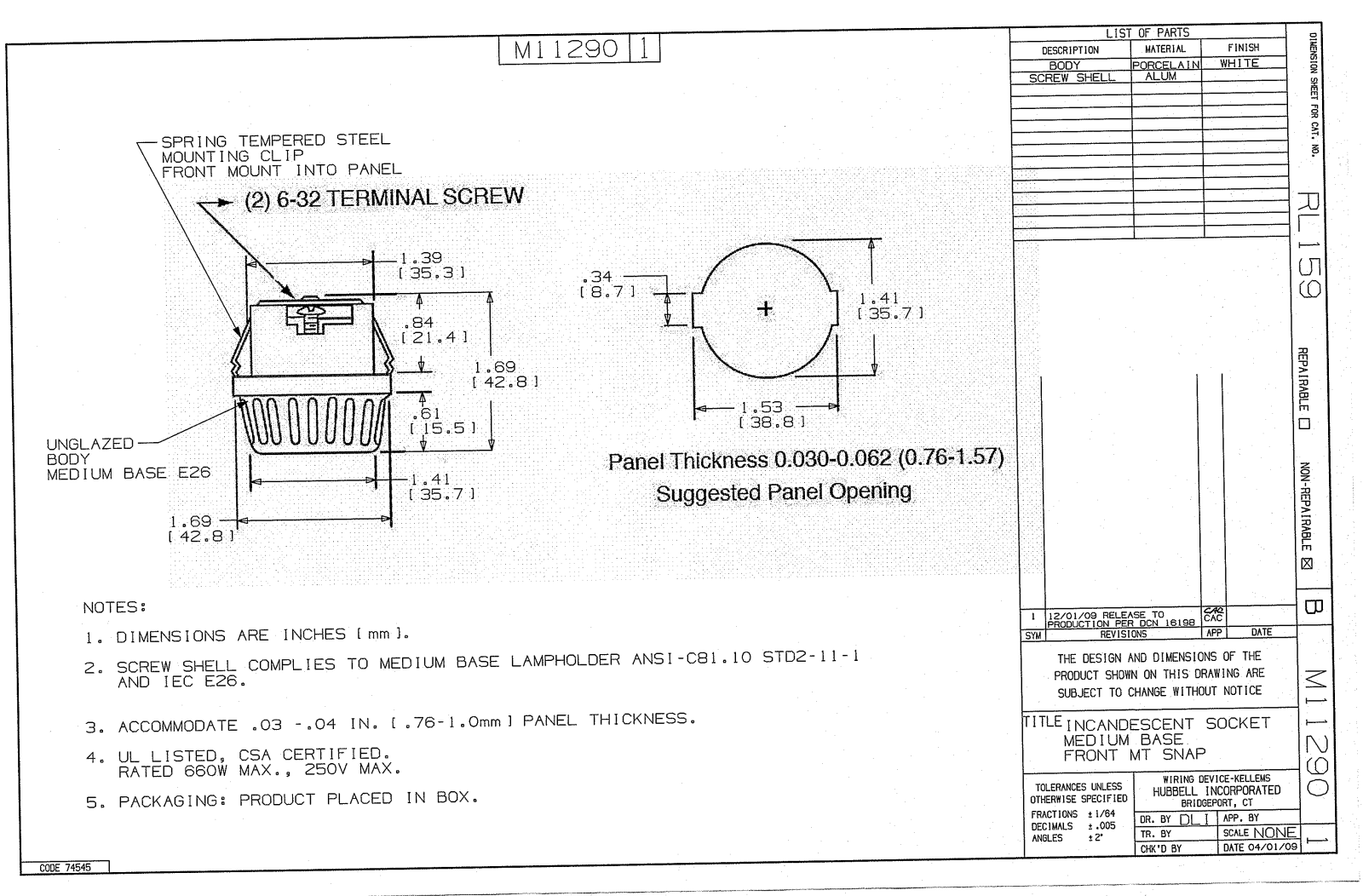 Hubbell RL159 Reference Drawing